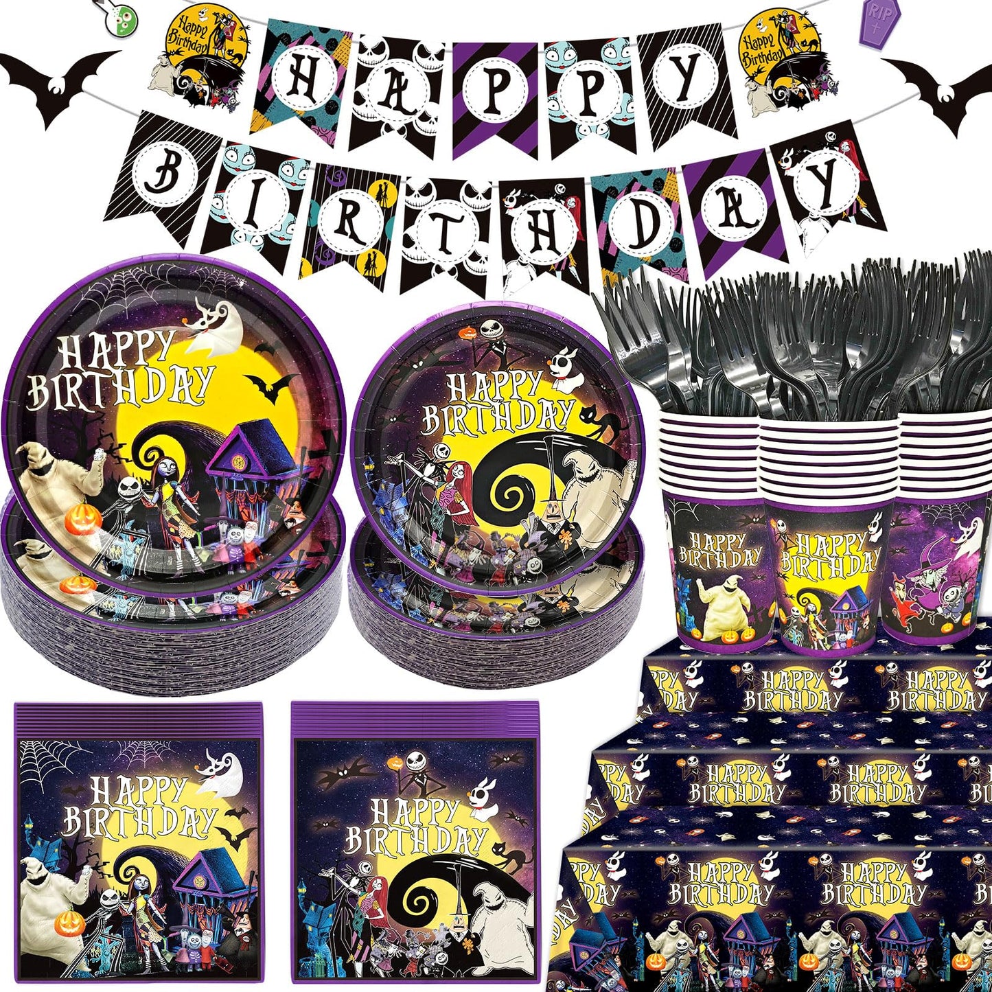 160Pcs Night Before Christmas Birthday Decorations Night Before Christmas Party Supplies Halloween Birthday Banner Jack Skellington Decorations Tableware for Halloween Party Decor