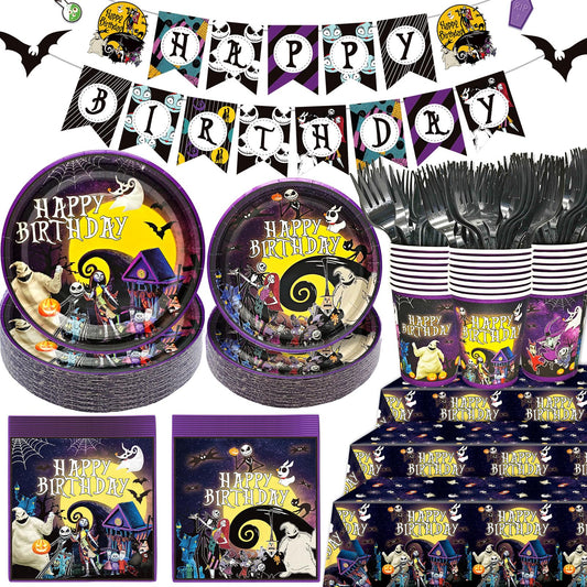 160Pcs Night Before Christmas Birthday Decorations Night Before Christmas Party Supplies Halloween Birthday Banner Jack Skellington Decorations Tableware for Halloween Party Decor