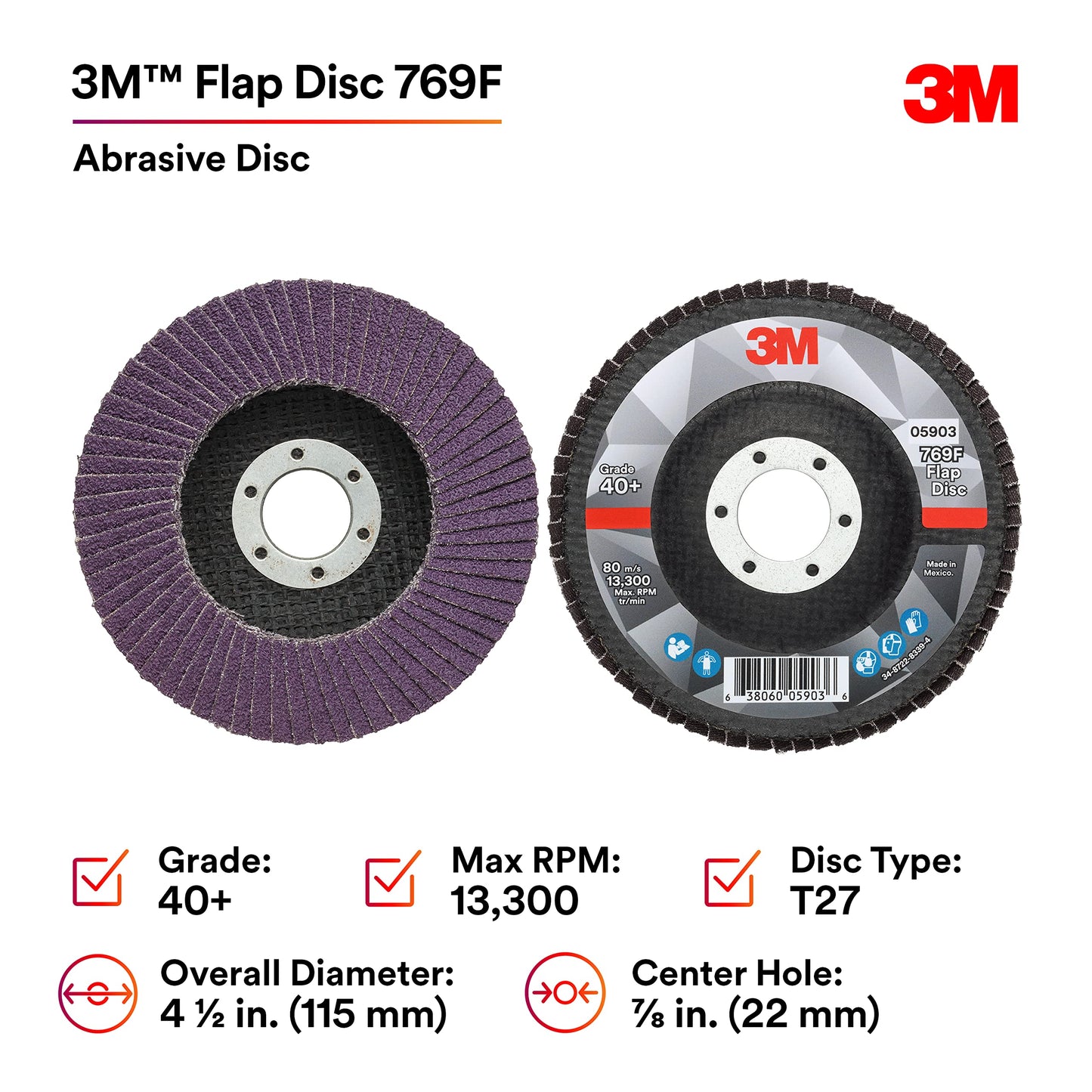 3M Flap Disc 769F, Type 27, 40+, 4-1/2 in x 7/8 in, High Performance Abrasive, Ceramic Precision-Shaped Grain Grinding and Finishing Disc, Carbon Steel, Stainless Steel