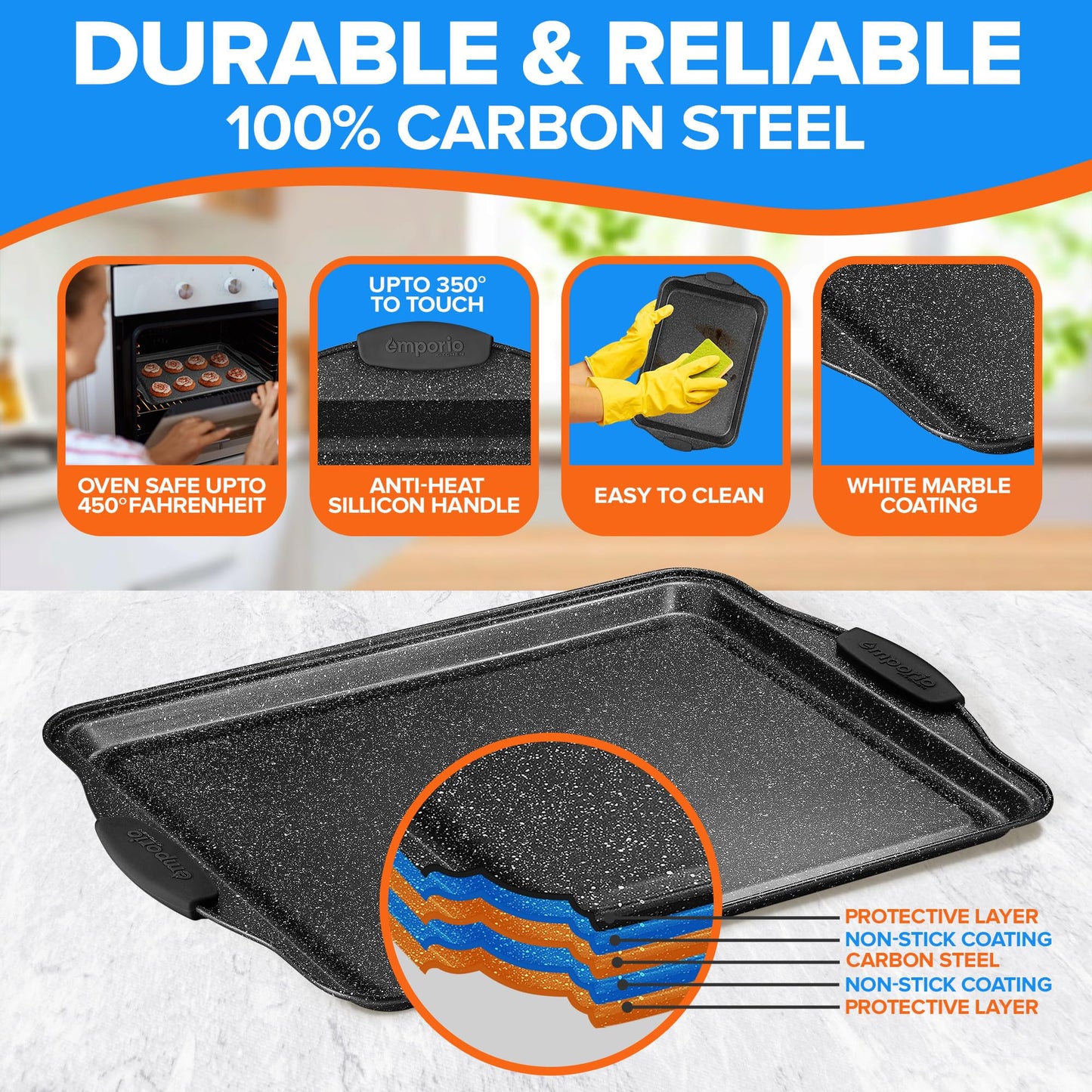 Emporio Kitchen Baking Pan Set - Nonstick Coating, Carbon Steel Bakeware Set with Gray Silicone Handles, PFOA, PFOS, PTFE Free, Recipe Booklet Included, Oven Safe Tray (Up To 450° F), Set of 25 - Gray