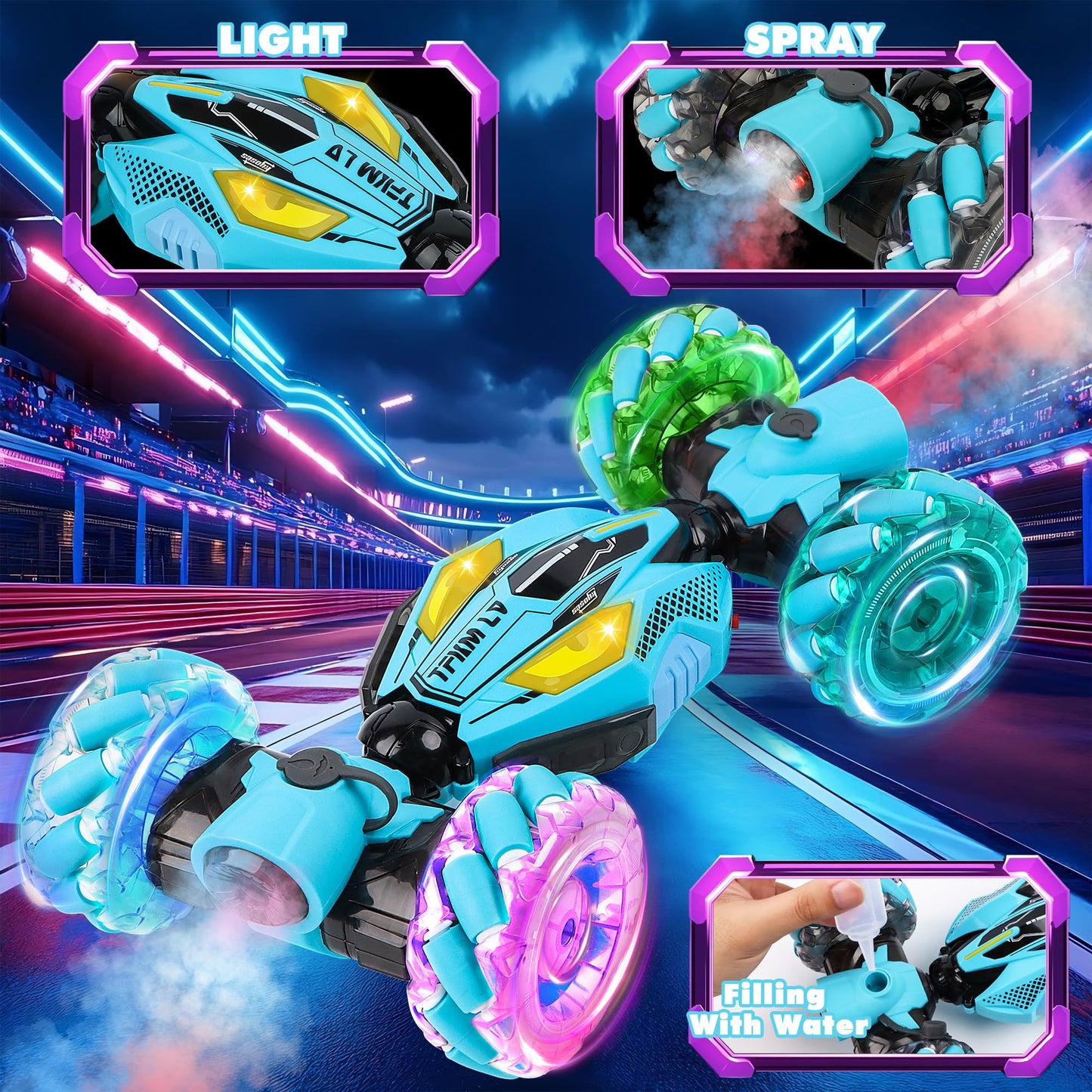 DPAPDI Gesture Sensing RC Stunt Car - 2.4GHz 4WD Remote Control Toy with Dual Spray, All-Terrain Off-Road Vehicle with Lights & Music, Gift for 6-12 Year Old Boys Girls Birthday