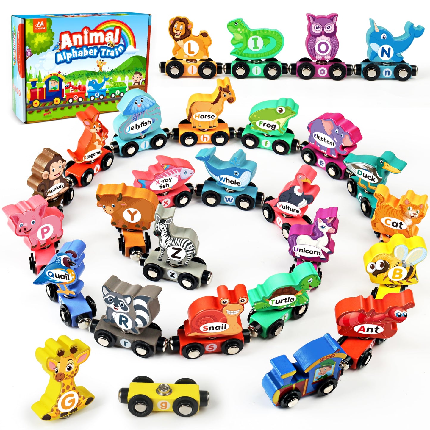 Vanmor 27 Pcs Magnetic Wooden Alphabet Train Set, ABC Learning Toy with 42 Flash Cards & Storage Bag, Fun Educational Toy for Kids Ages 3-7, Interactive Early Development Gift for Toddlers (Animal)