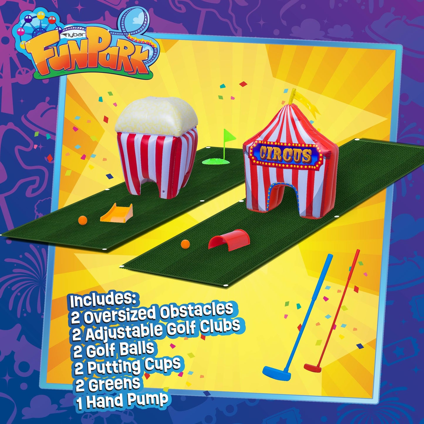 FunPark Inflatable Toddler Mini Golf Set, 13 Pieces, Adjustable Clubs, Green Mats, Putting Cups, Obstacles, Indoor/Outdoor Kids Golf Set for Boys and Girls