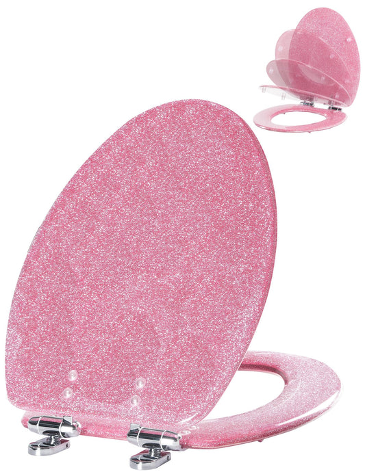 Angol Shiold ELONGATED Pink Toilet Seat Resin Glitter, Slow Close Heavy Duty Acrylic Toilet Seats for Standard Toilets, Easy Installation & Cleaning(19Inch, Pink Glitter, Upgraded hinges)