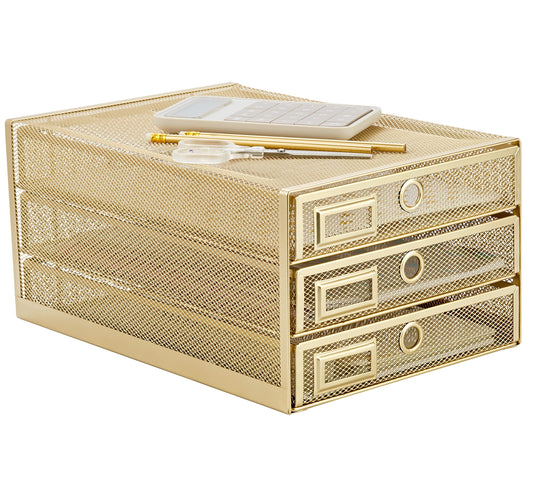 Annova Desk Organizer Wire Mesh 3 Tier Sliding Drawers Paper Sorter/Multifunctional/Premium Solid Construction for Letters, Documents, Mail, Files, Paper, Kids' Art Supplies (Gold)