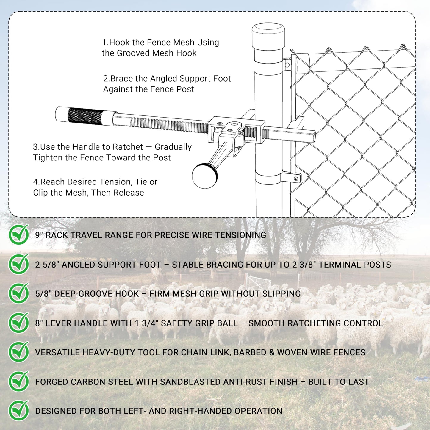 Magoleo Chain Link Fence Stretcher Tool, Heavy-Duty Fence Puller & Tensioner for Fence Fabric Installation or Repair Projects in Farm, Ranch & Garden, Easy One-Person Operation, 9″ Ratchet Range