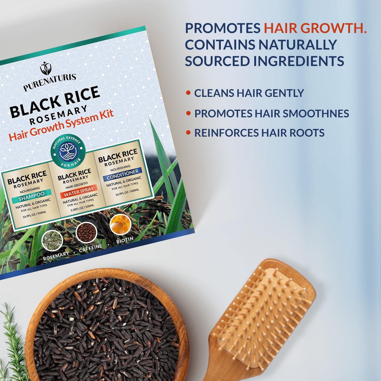 Organic Rosemary Black Rice Water Shampoo Conditioner Set for Hair Growth, Rice Water Spray, w/Rosemary Water, Biotin, Caffeine, Routine Shampoo for Women Men Hair Loss Thickening, Longer