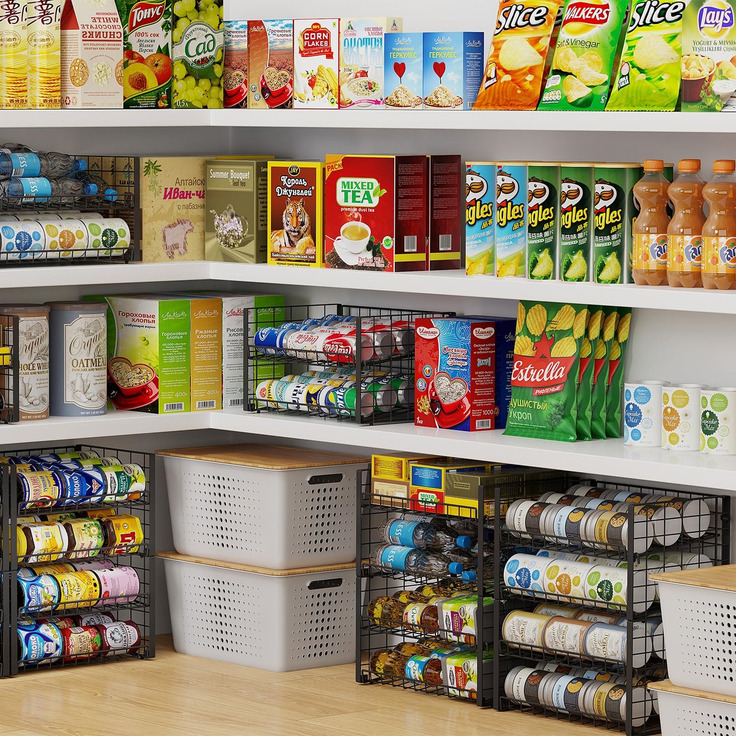 3-Pack Stackable Can Rack Organizer for Pantry, Adjustable Can Holder for Various Ounce of Cans up to 90, Rolling Can Dispenser for Canned Food Soup Goods Storage in Kitchen Cabniet, 2 Tier, Black