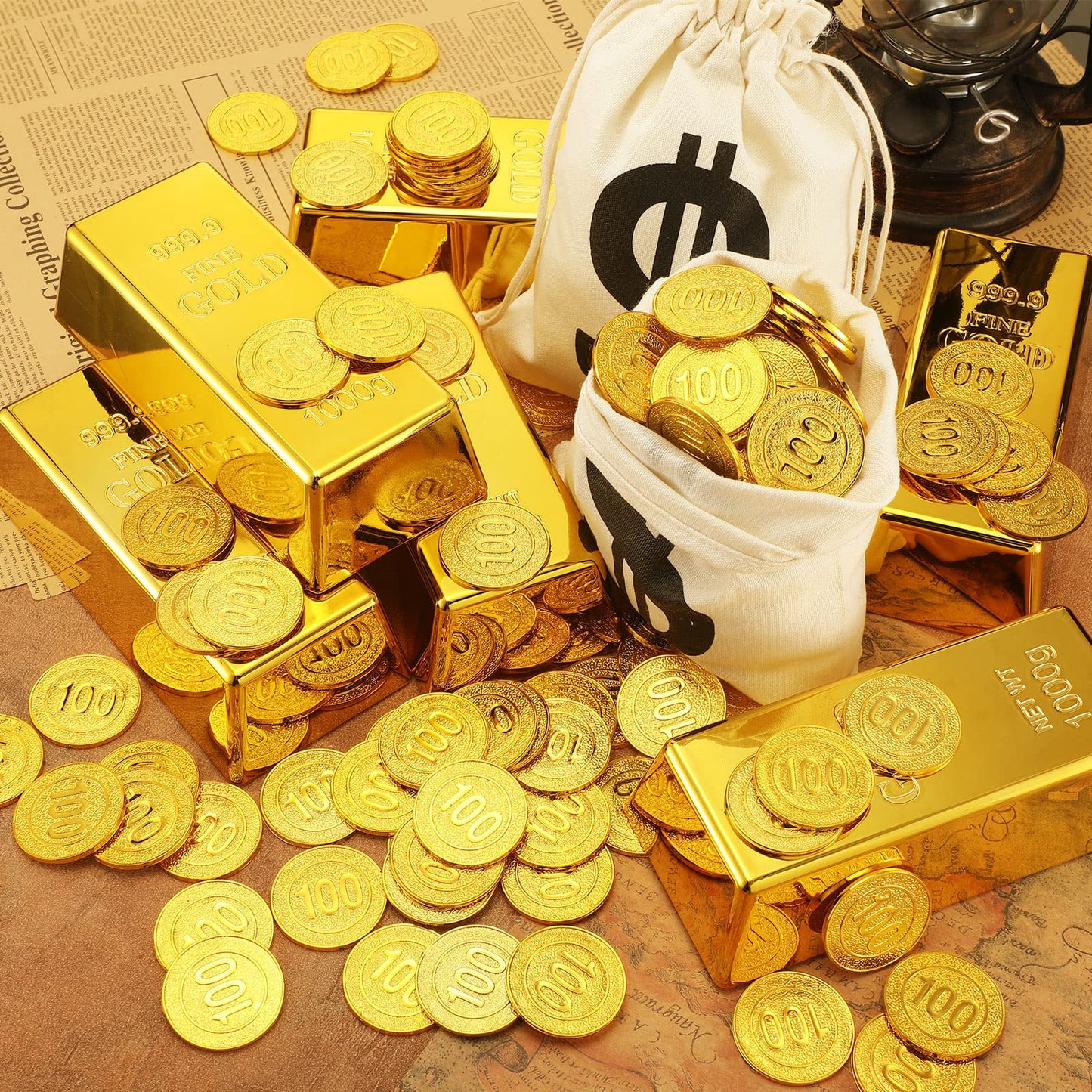 Liliful 100 Pirate Gold Coins, 6 Fake Gold Bar with 6 Canvas Money Bags Replica 6.5 Inch Fake Brick Pirate Costume Party Supplies Treasure Hunt Game Party Favors Movie Prop Money