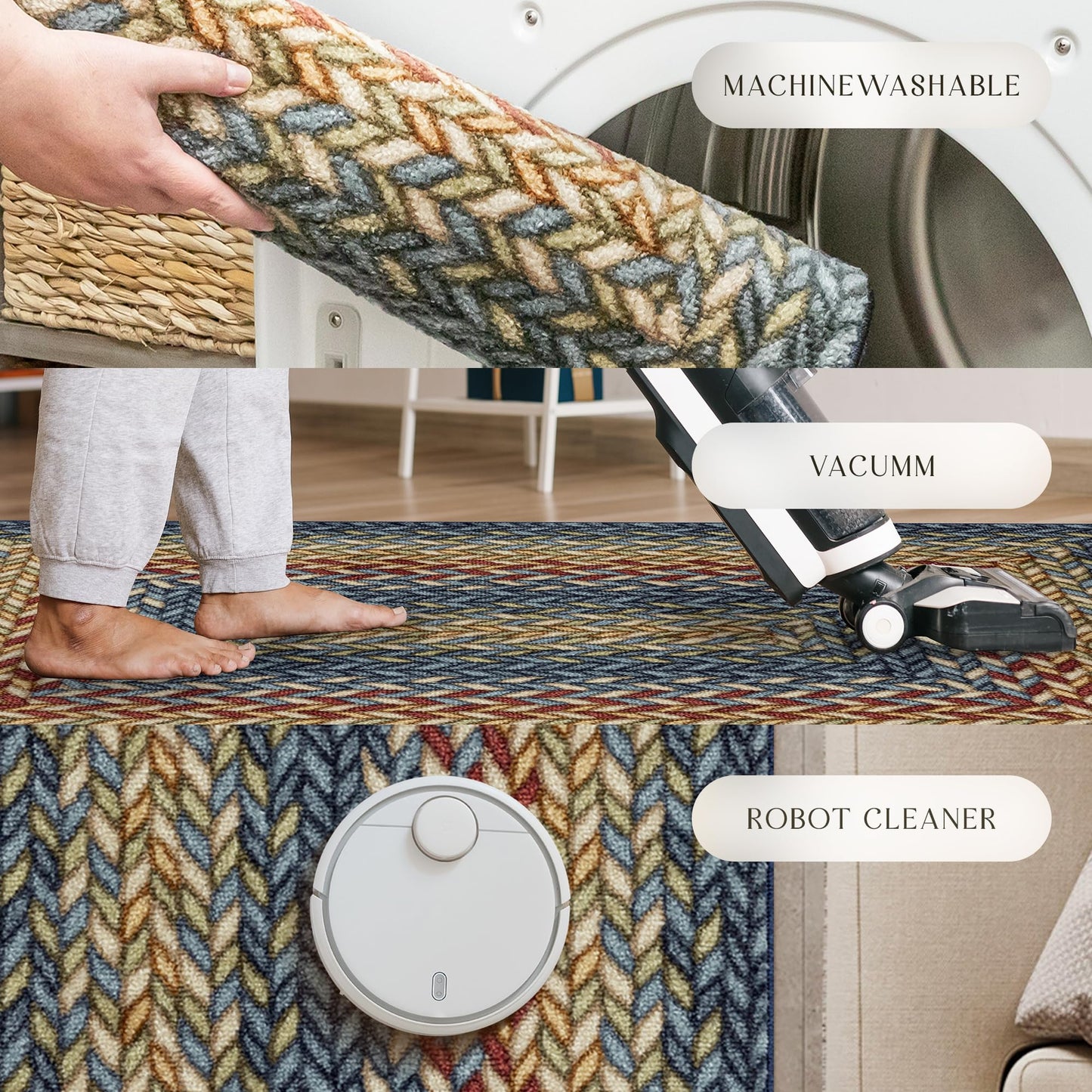 Maples Rugs Marion Bohemian Braided-Style Print Runner Rug – Made in USA – Washable, Non-Slip Indoor Runner for Hallway, Kitchen, and Laundry Room, 2' x 6', Multi-Color