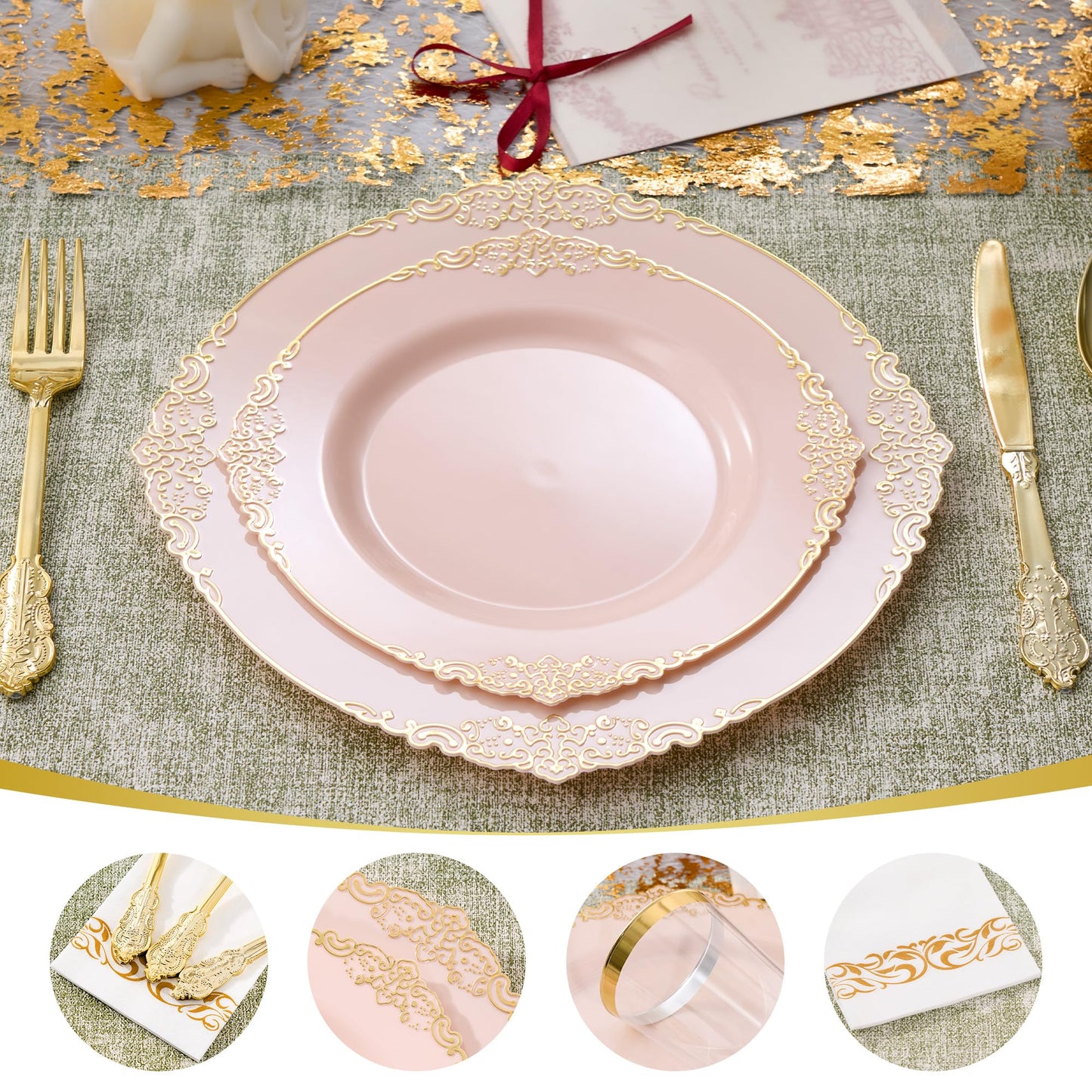 Fijinhom 350pcs Pink Plastic Plates, Elegant Disposable Dinnerware Set, 125 Pieces, White and Gold, Plates, Cups, Cutlery and Napkins (Pink, 50 Guests)