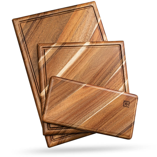 Chorus Wood Cutting Board Set with Juice Groove (3 Pieces) - Acacia Wood Kitchen Cutting Boards, Chopping Board for Meat (Butcher Block), Vegetables, Cheese - 100% Natural Hardwood
