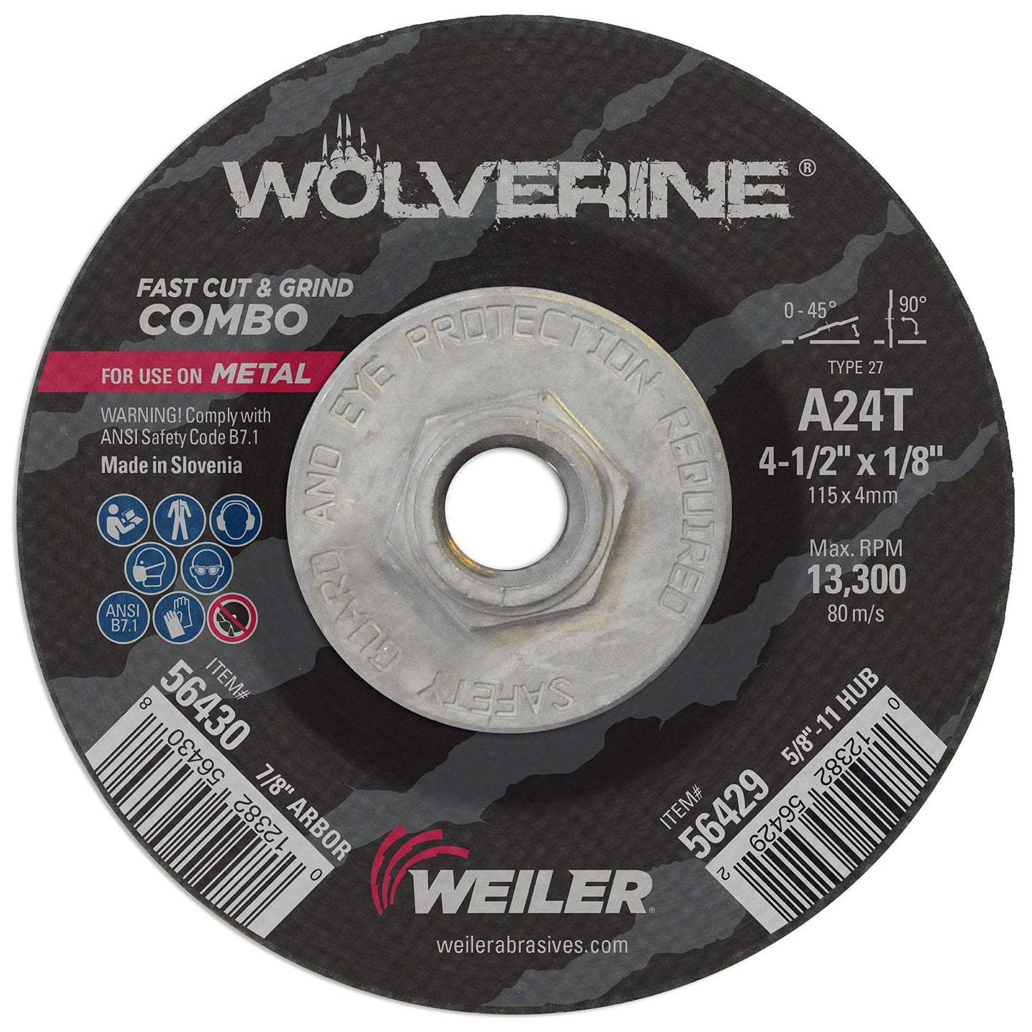 Weiler 56429 Wolverine Type 27 Cut and Grind Combo Wheel, A24T, 5/8" 11 UNC Nut, 4 1/2" x 1/8", Aluminum Oxide, 4.5" Diameter (Pack of 10)