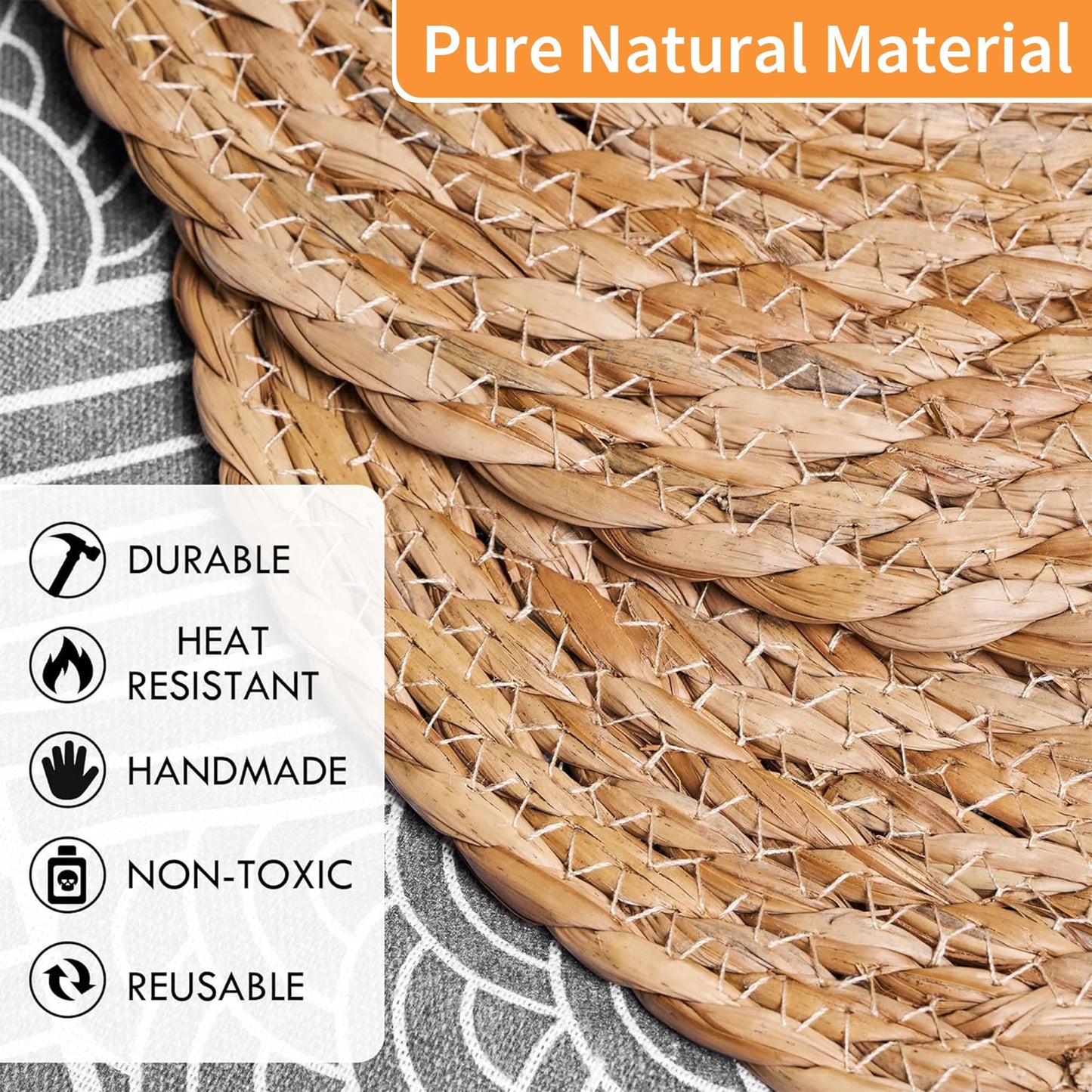 Defined Deco Woven Placemats Set of 10, 13.5" Round Rattan Placemats, Natural Hand-Woven Water Hyacinth, Farmhouse Weave Rustic Braided Wicker Table Mats for Dining Table, Home, Wedding