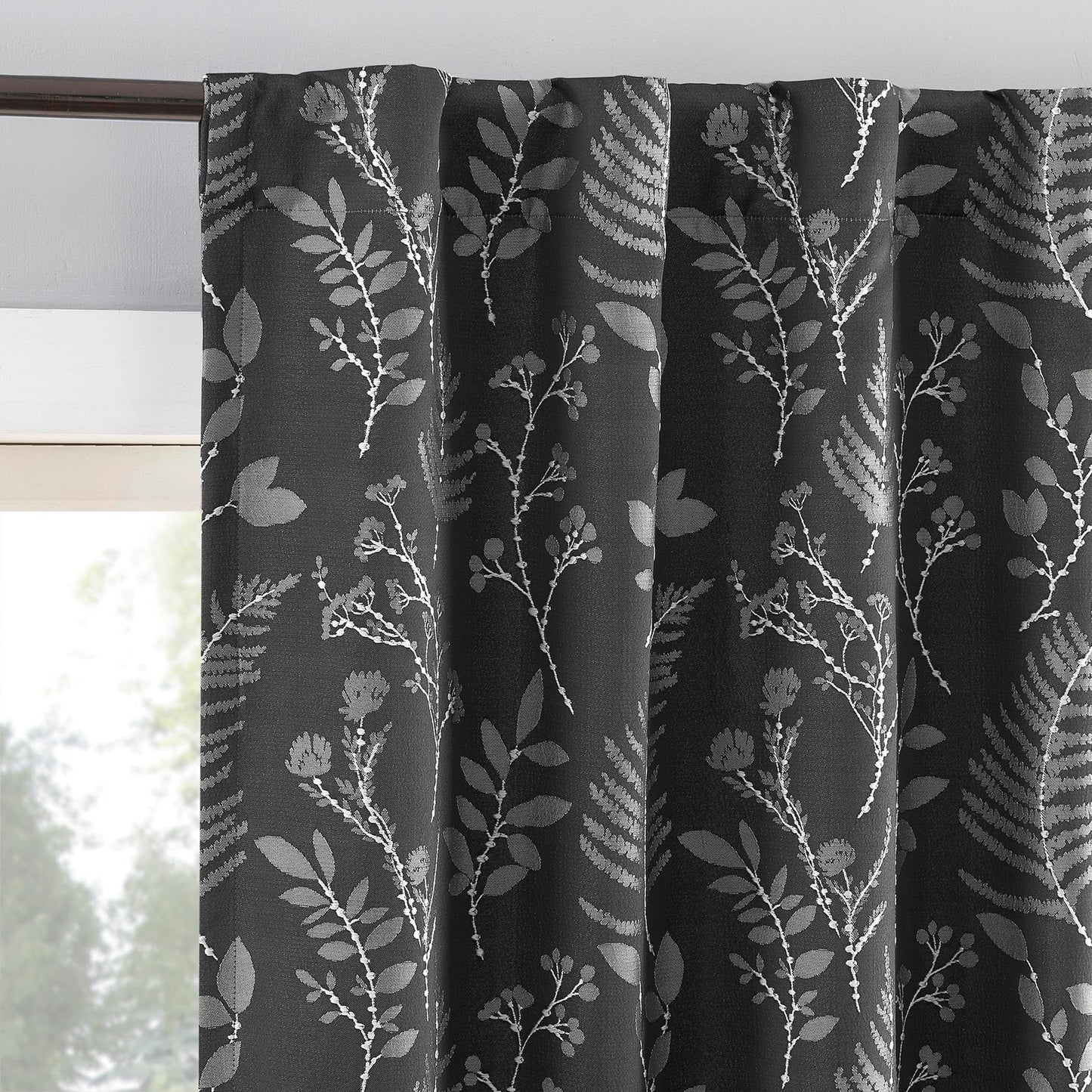 Sun Zero Ambridge 2-Pack Embroidered Botanical Leaf Pleated Look 100% Total Blackout Back Tab/Rod Pocket Curtain Panel Pair, Steel Gray, 50" W x 84" L (2 Panels)