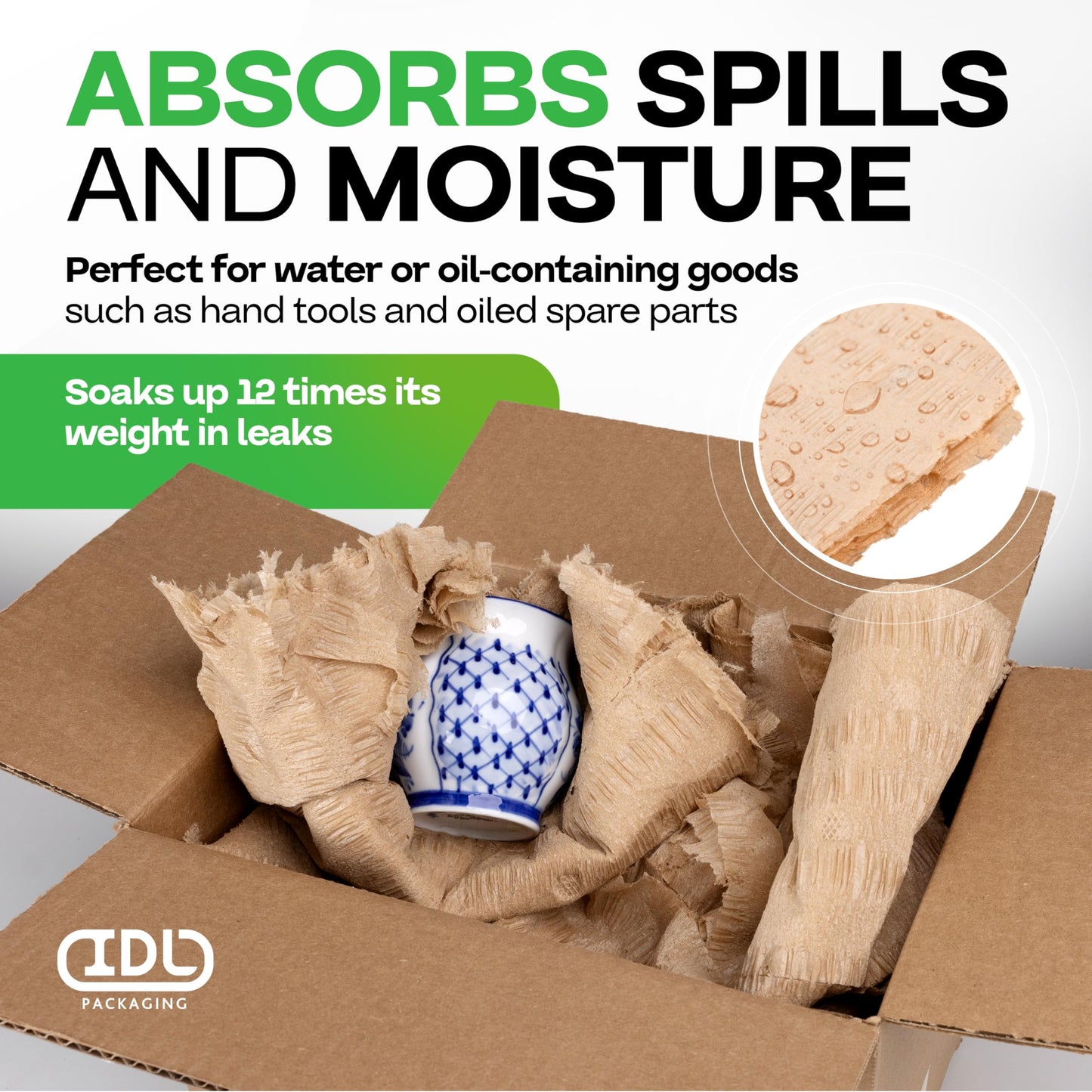 IDL Packaging 12" x 50' EcoMax Kraft Paper Cellulose Wadding (1 Roll) - Cushioning Wrapping and Box Void Filling - Soft and Gentle Packing for Shipping, Moving, and Storing Fragile Items