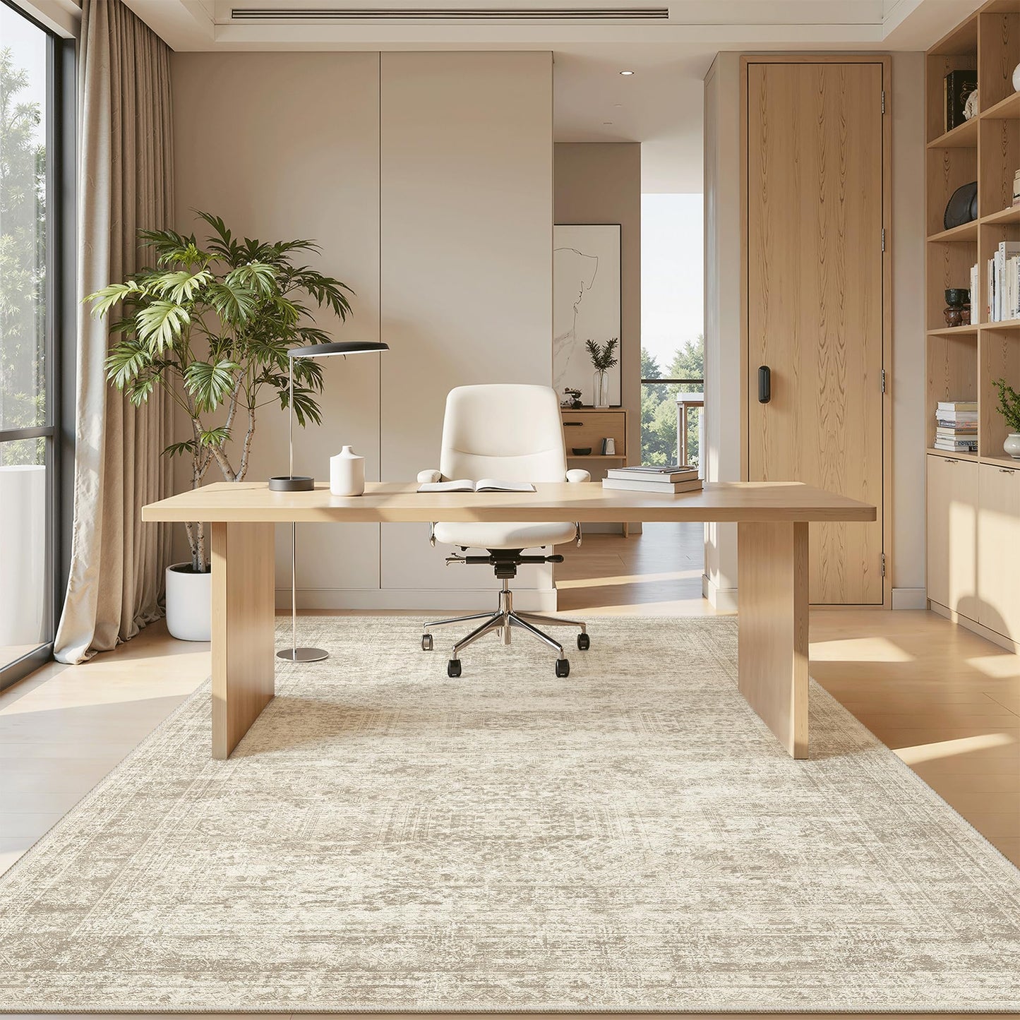 Soalmost 5x8 Area Rugs Beige Low Pile Indoor Washable Trendy Faded Style Rugs for Bedroom Living Room Dining Room Foldable Non-Slip Thin Print Home Office Mat