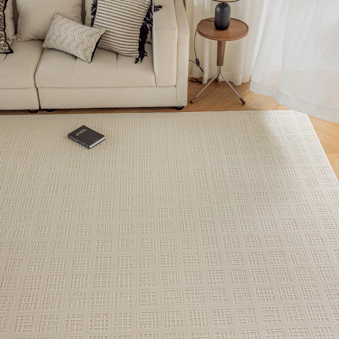 jxgzyy 5x7 Beige Area Rug, Solid Cream Textured Rugs for Bedroom, Neutral Ivory Aesthetic Carpet, Off White Rug for Kitchen Dining Room, Stain Resistant (Beige, 6'7" x 4'7")