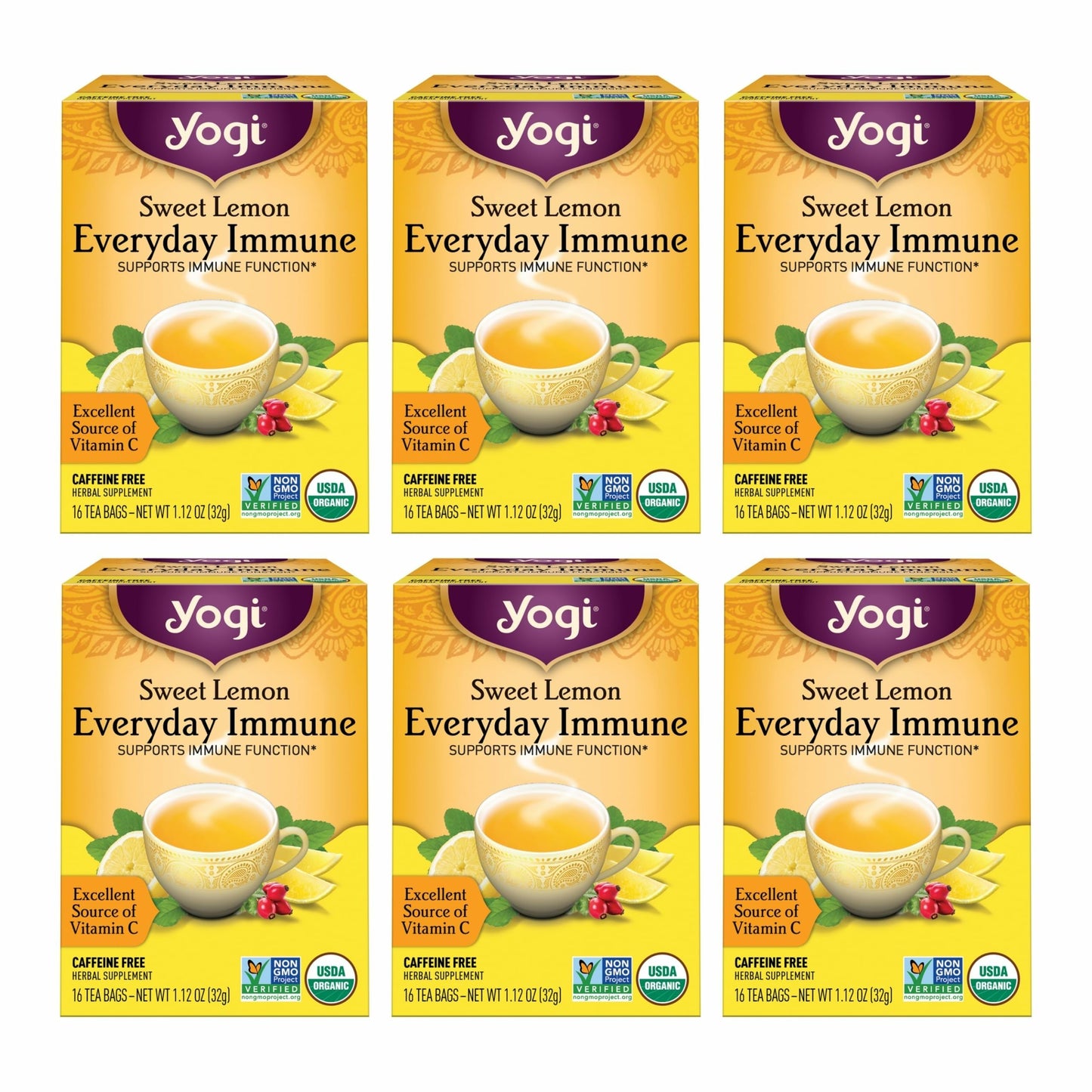 Yogi Tea Sweet Lemon Everyday Immune Tea - 16 Tea Bags per Pack (6 Packs) - Daily Immune Support Tea - Delicious Lemon Tea Bags - Includes Tulsi, Lemongrass, Rose Hip, Lemon Peel & More