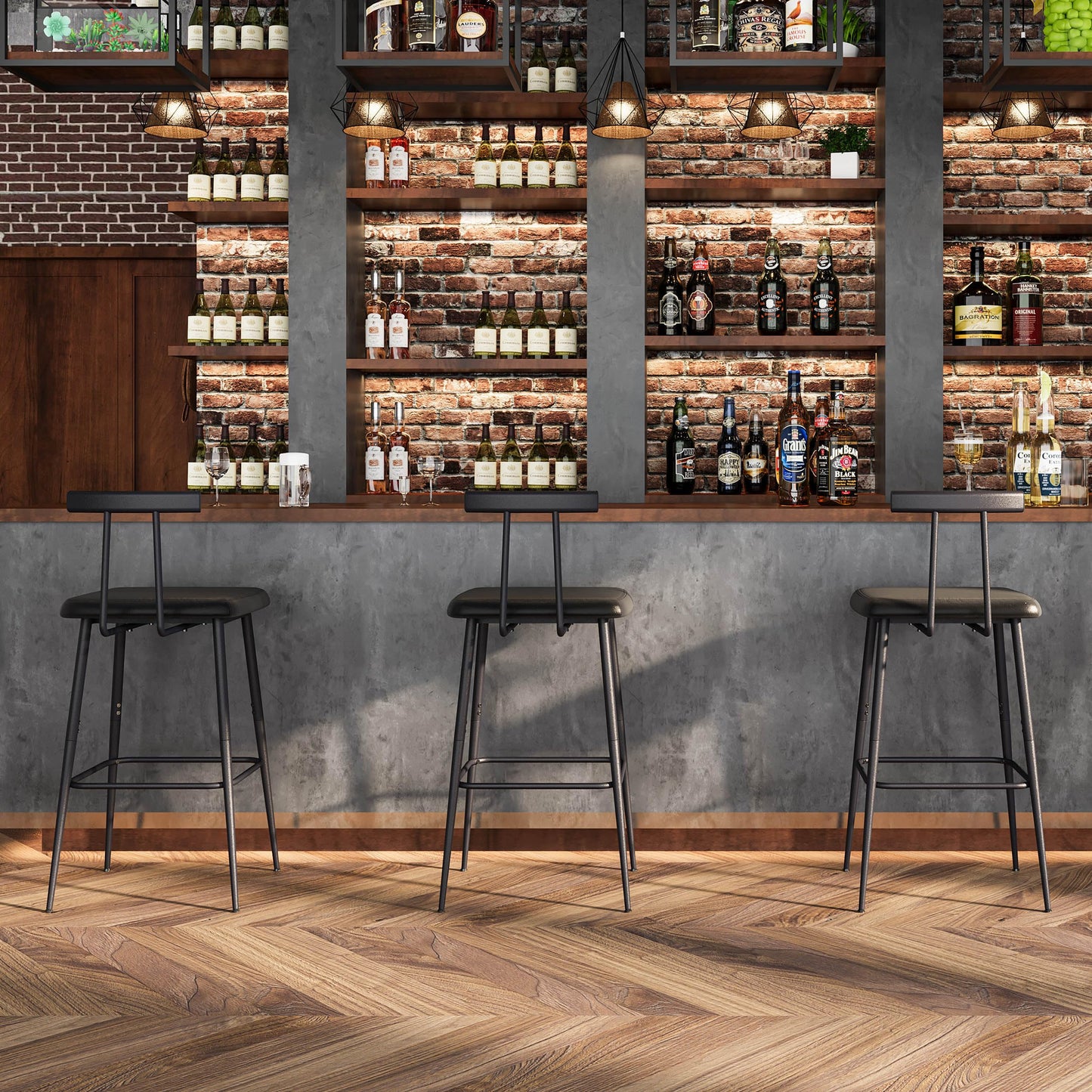 YAUKTAK Bar Stools Set of 2, Tall Bar Stools with Backrest and Footrest, Counter Height Bar Chairs, Industrial Barstools with PU Leather Cushion, for Kitchen, Dining Room, Bar, Cafe (Black) KBS515B
