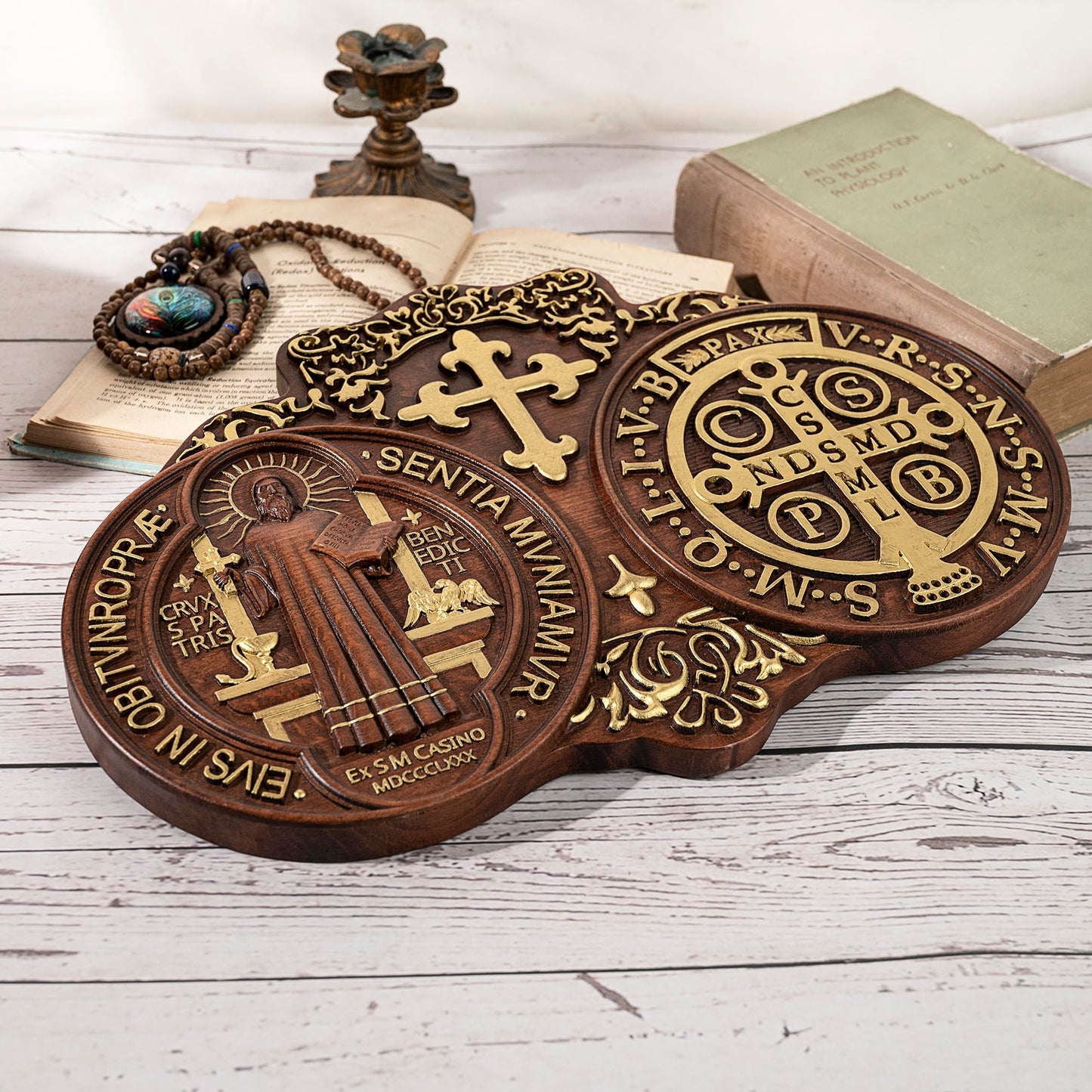 bgcarpenter Wooden Saint Benedict Plaque, St Benedict Medal Wall Decor Wall Art, Handmade Wall Hanging Sign, Religious Wall Plaque for Living Room Bedroom Kitchen - 16 Inch