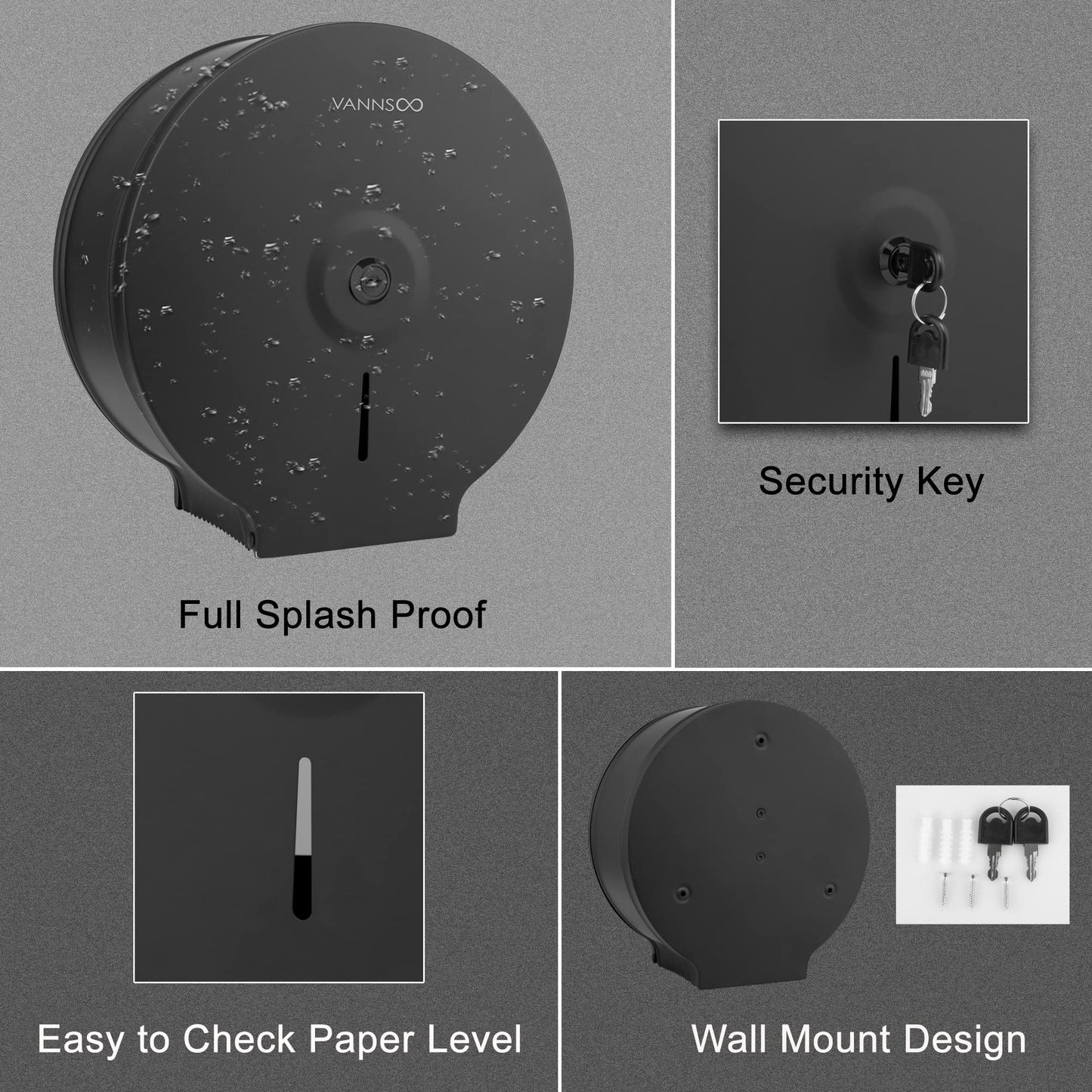 VANNSOO Commercial Jumbo Toilet Paper Dispenser, Wall Mount Stainless Steel 9 Inch Roll Toilet Paper Holder Bath Tissue Dispenser with Lock Key (Black)