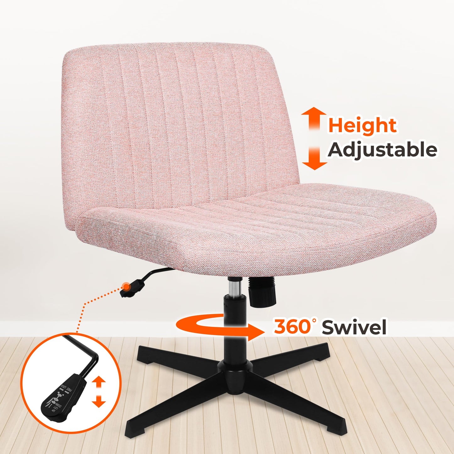 NEO CHAIR Criss Cross Chair No Wheels Armless Cross Legged Office Desk Wide Comfy Vanity Makeup Chair Adjustable Computer Task for Home Office Fabric (Pink)