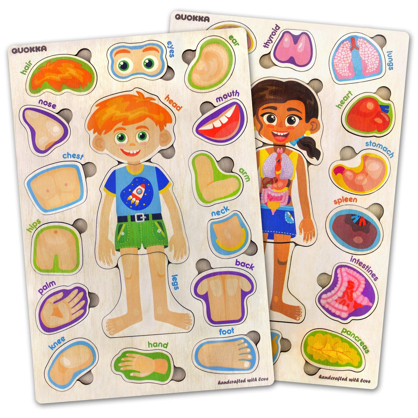 QUOKKA Toddler Toys for 1 2 3 Year Old Boys and Girls - 2 Montessori Toys from 3 Years with Human Body Game - Fun Wooden Puzzles for Learning Kids and Educational Toddler Games
