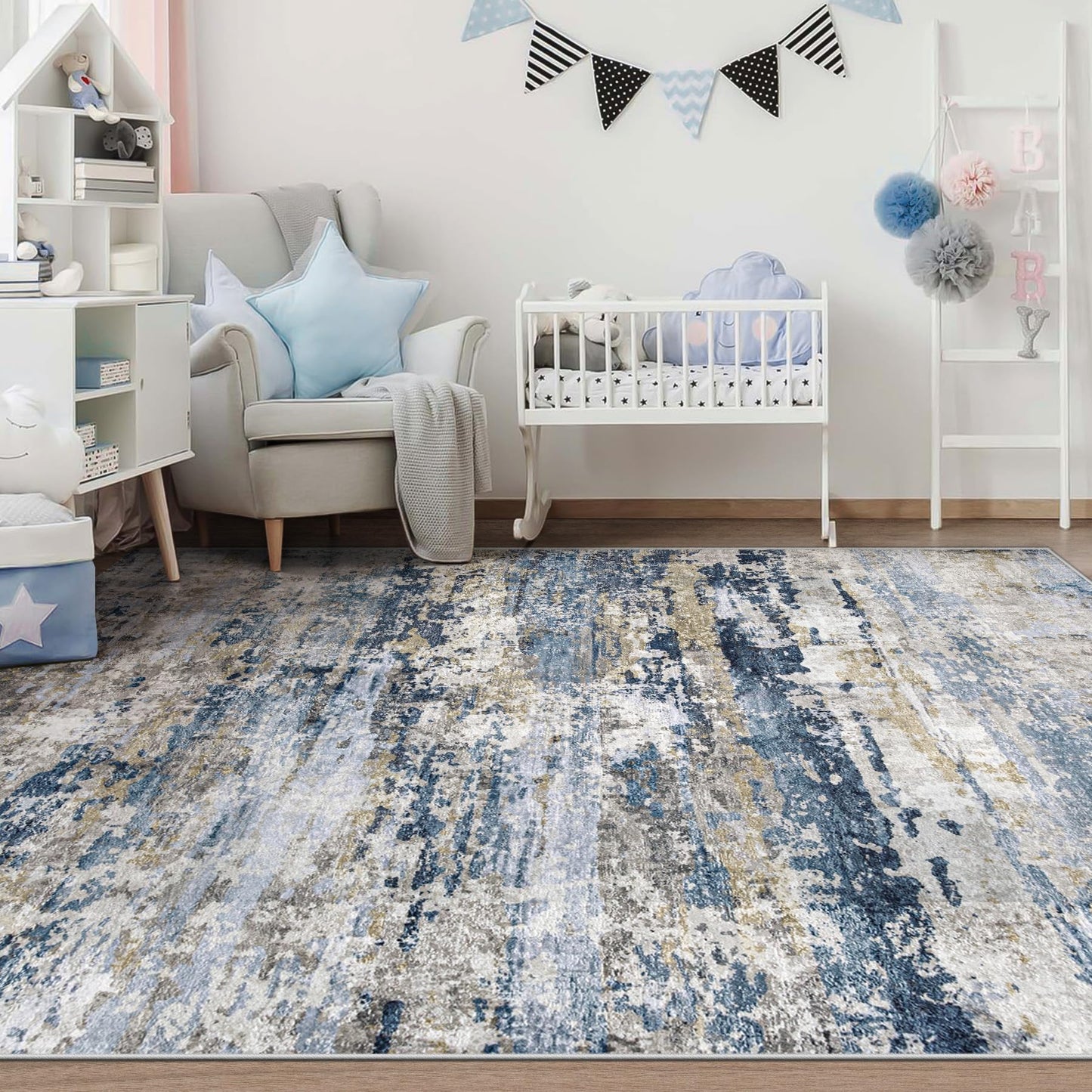pmtsns Area Rugs 5x7 for Living Room: Washable Rug Modern Abstract Neutral Soft Non-Slip Low-Pile Indoor Carpet for Bedroom Dining Room Playroom Home Office (Blue Grey Brown, 5'x7')