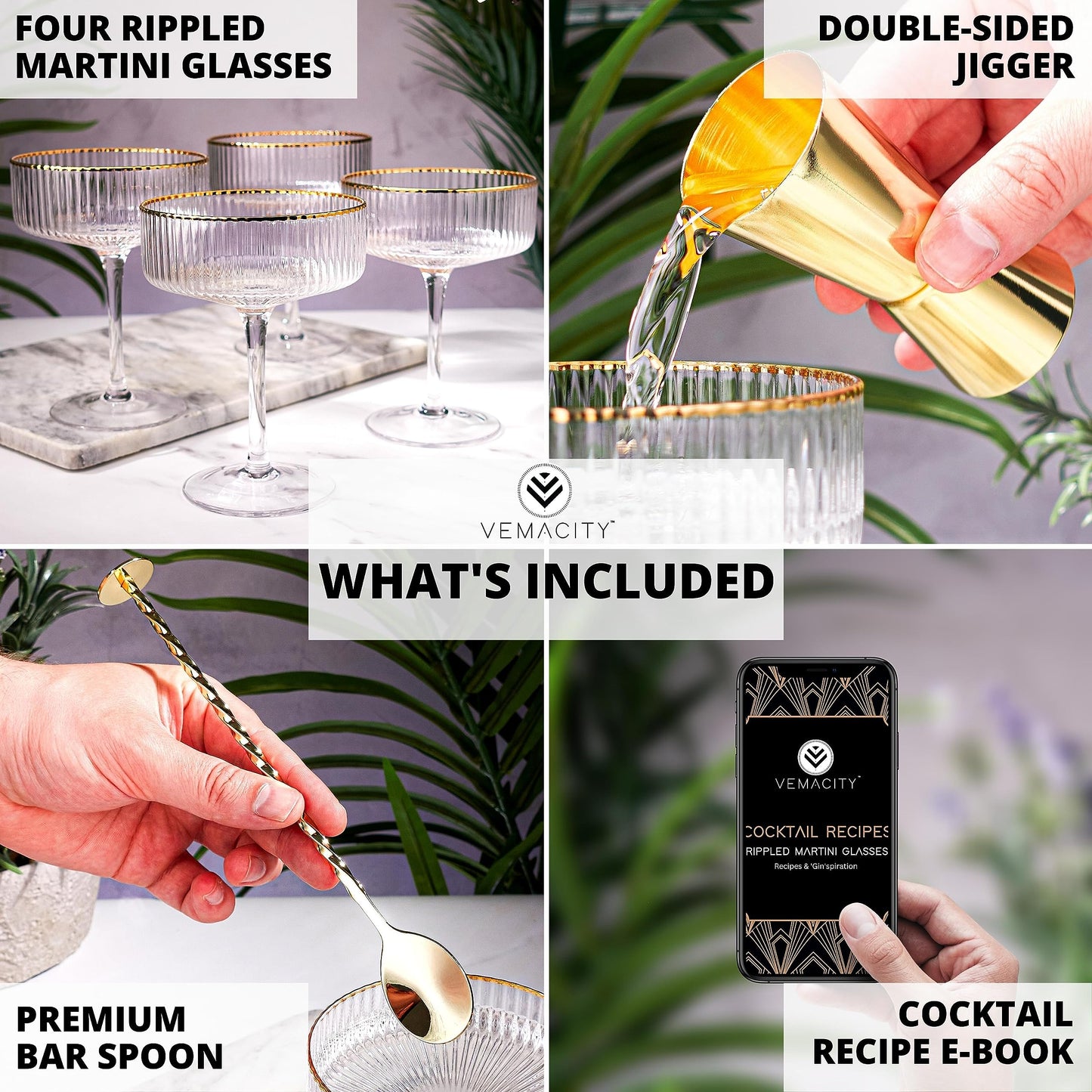 VEMACITY Ribbed Espresso Martini Glasses set of 4 with Gold Rims & Bar Tools | Beautiful Ribbed Coupe Glasses Set of 4 (10oz) | Versatile Champagne, Cosmopolitan, Margarita, Coupe Martini Glassware