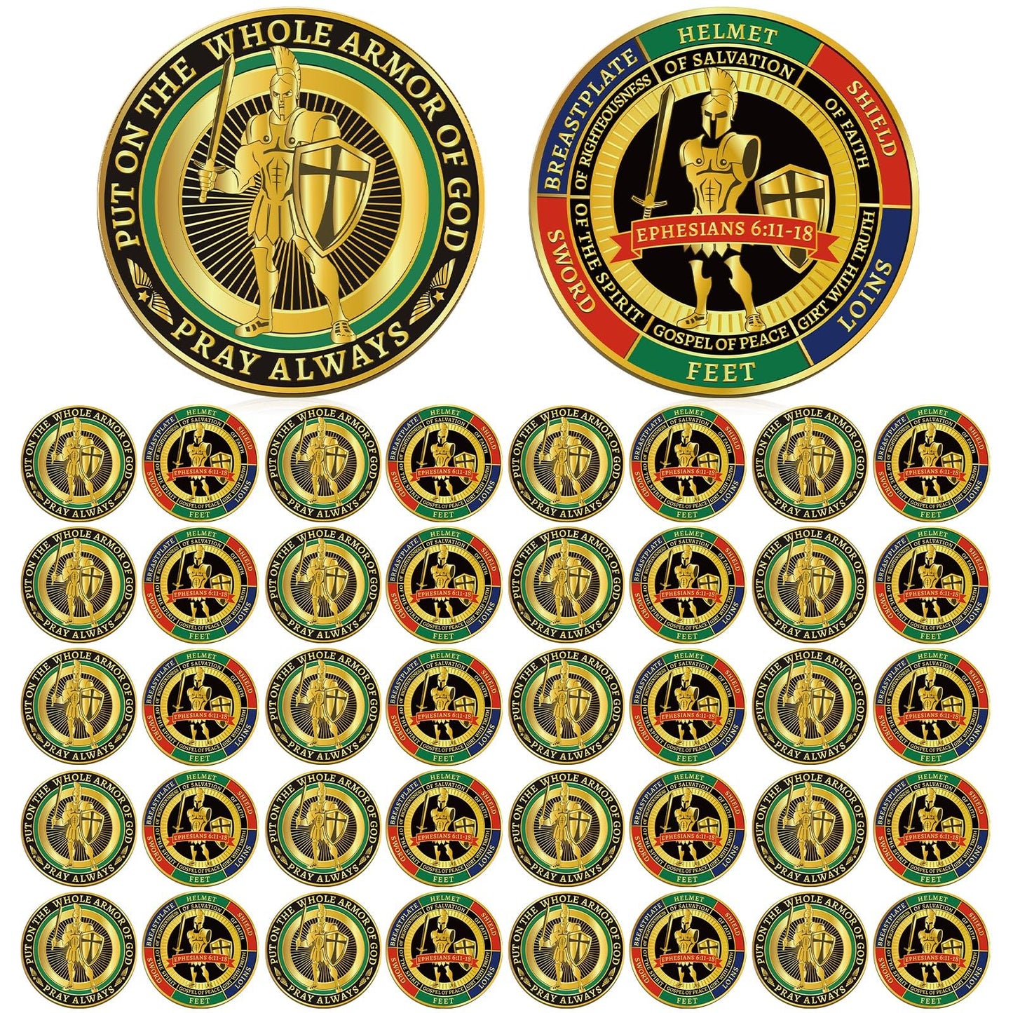 Nosiny 40 Pcs Put on The Whole Armor of God Coins Bulk Christian Challenge Coins Metal Commemorative Prayer Gifts for Men Collectors, Religious Church Party Military Souvenir(Vivid)