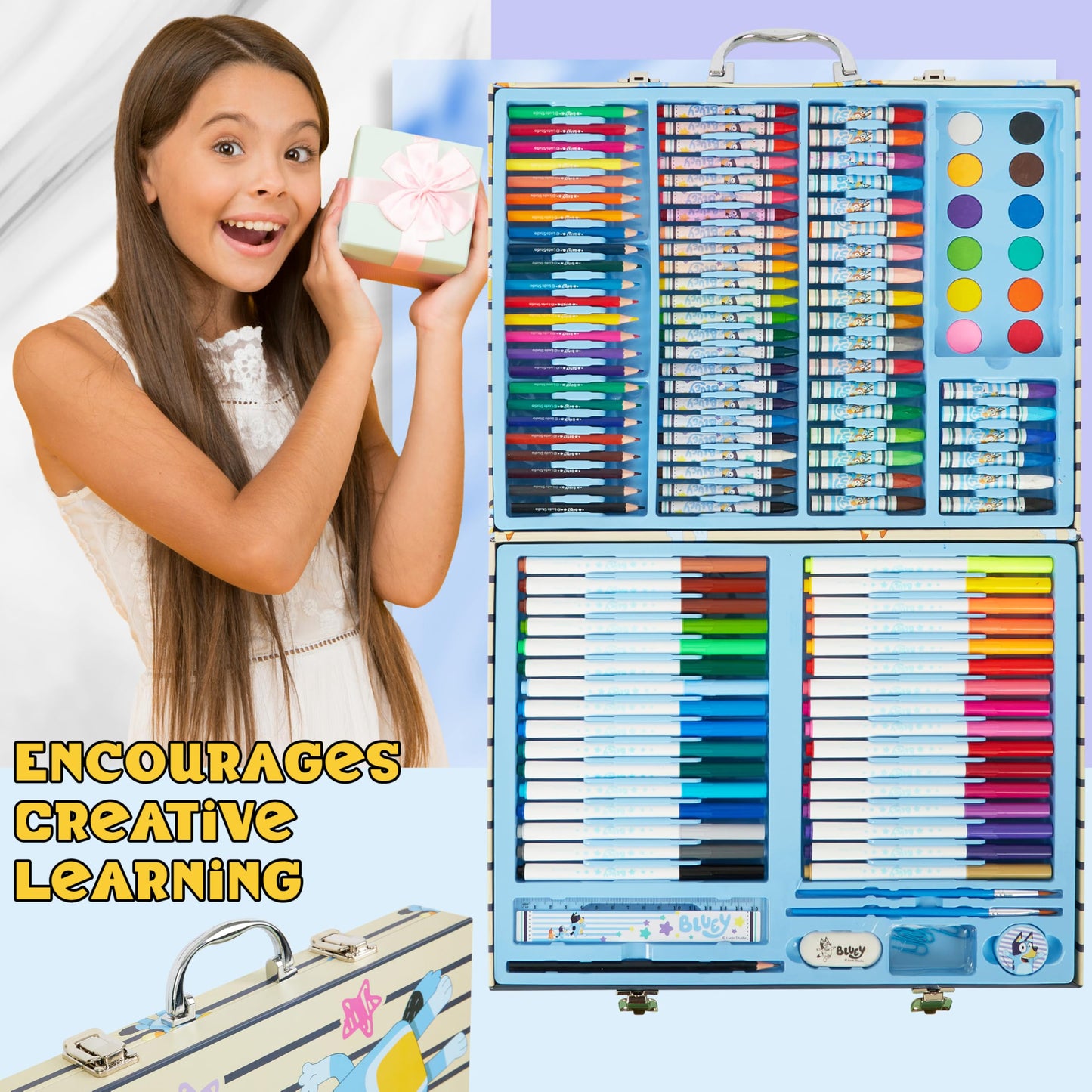 Bluey Art Set for Kids Colouring Pencils Paints Felt Tip Pens Crayons Stationery Crafts Girls Boys Art Supplies Preschool Travel 40 Plus Pcs Gift Set (Blue Case)