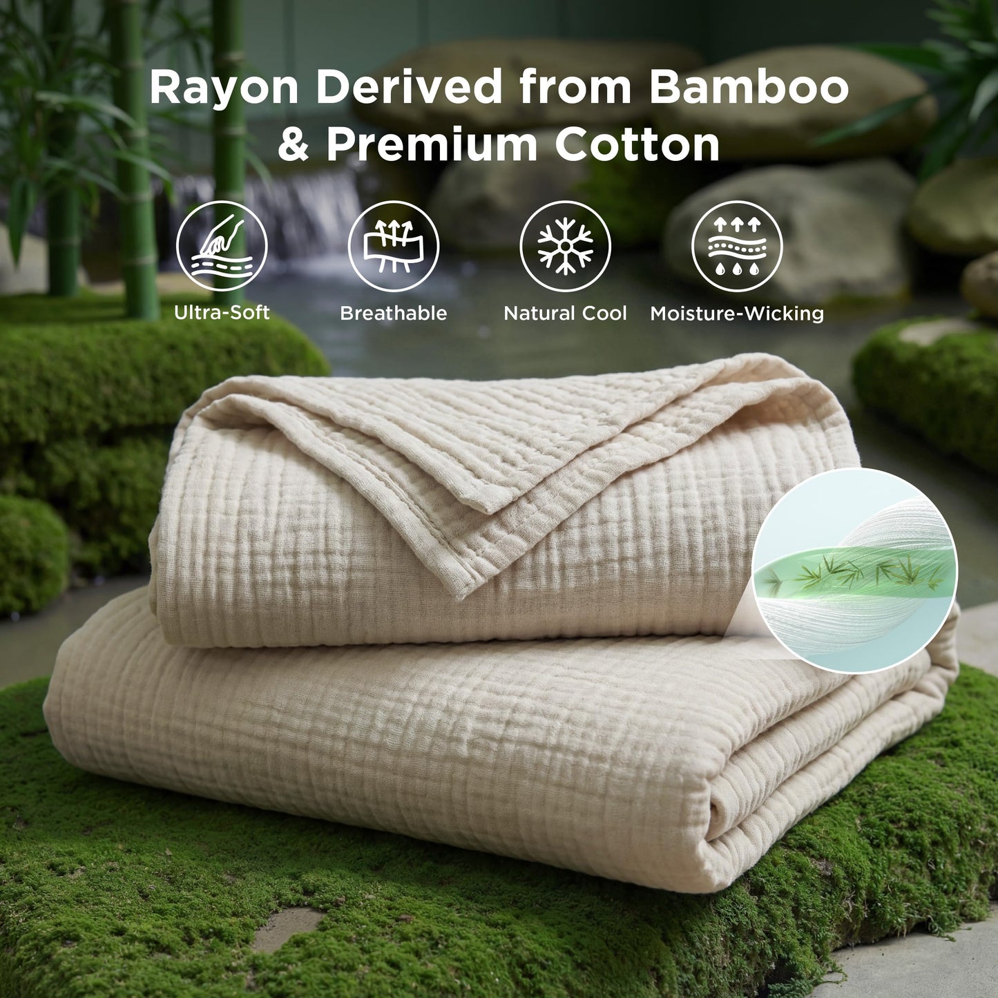 Bedsure Muslin Blanket King Size for Adults, Rayon Derived from Bamboo Lightweight Summer Cooling Blankets for Hot Sleepers, Cotton Breathable Gauze Blanket, Quilt, Coverlet, Linen Beige, 104"x90"