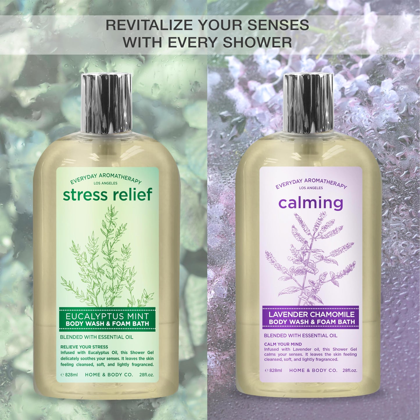 Everyday Aromatherapy Body Wash Duo | Eucalyptus Mint and Lavender Chamomile | 28oz Pack of 2 | Home and Body Company