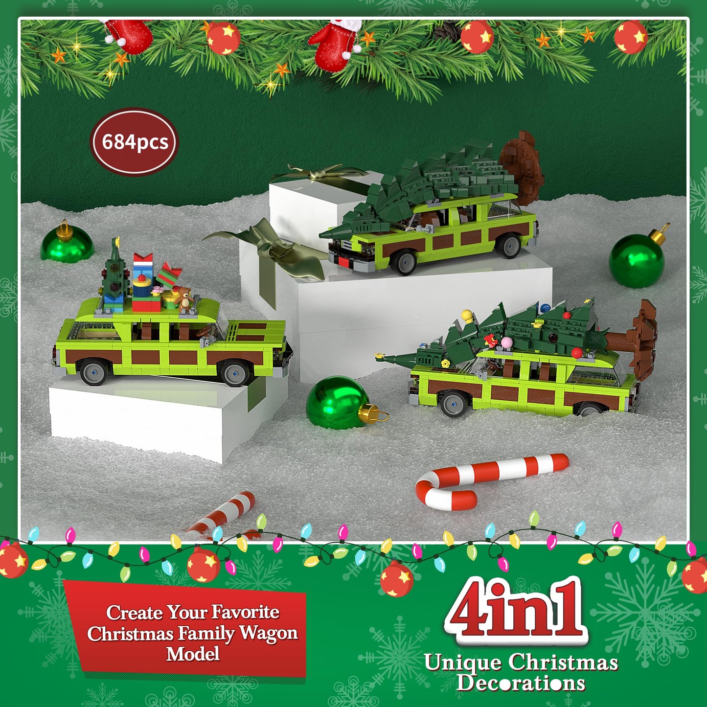 JAEUZKJYDA Christmas Village Movie Building Toy Set, 4 in1 Station Wagon with Family Christmas Tree Building Kit, Christmas Decorations, for Movie Fans Adults Boys and Kids 2025