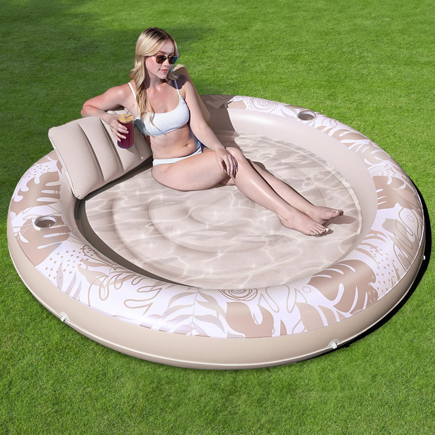 SLOOSH Inflatable Tanning Pool Lounger Float,72" x 65" Pool Floats Adult with Pillow,Luxury Fabric Large Suntan Tub Raft Floatie,Sunbathing Bed Lounge for Water Blow Up Party Gifts,Champagne
