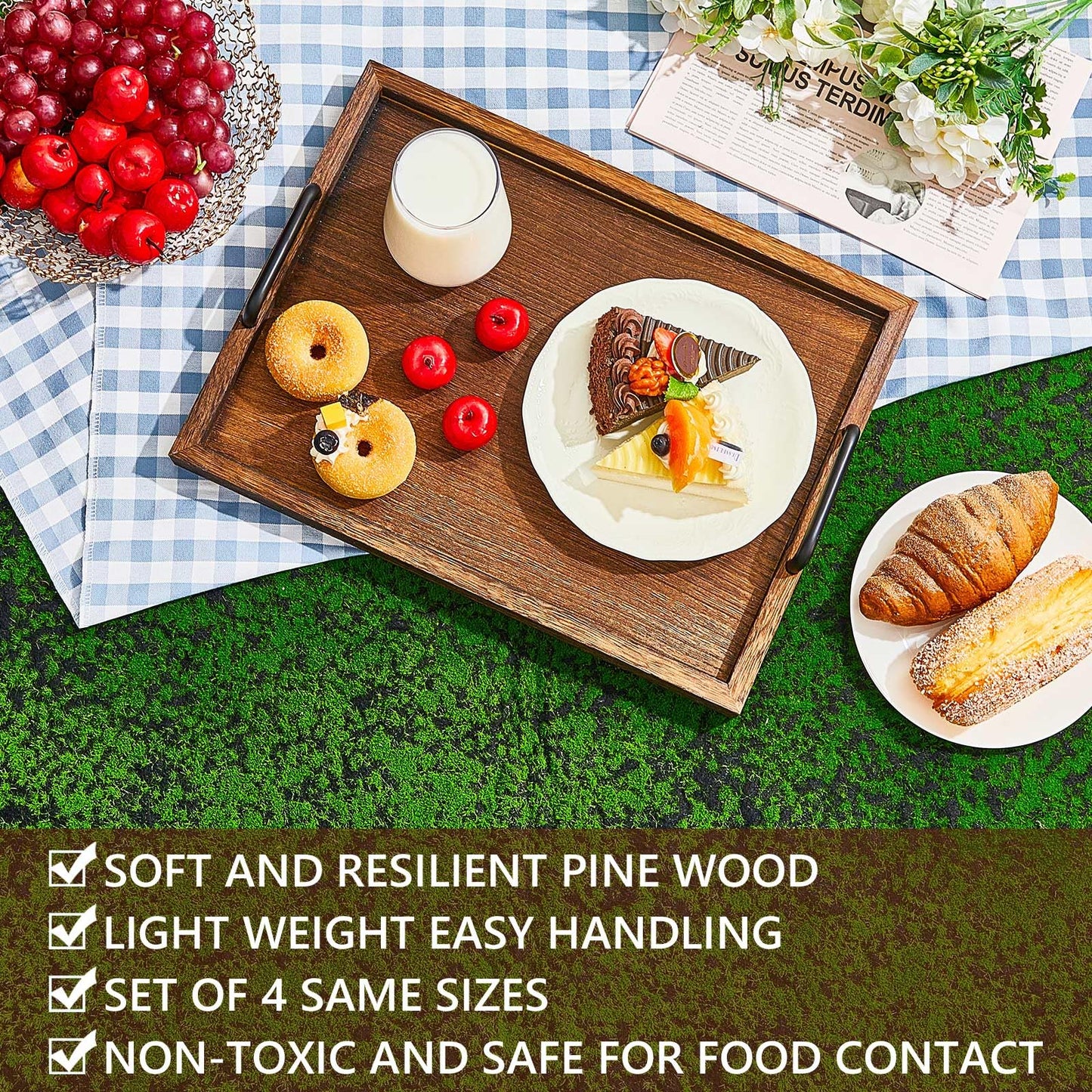 Lallisa 4 Pcs Large Wooden Serving Trays Decorative 15.75 x 11.81 x 2.36 Inch Ottomantray Rustic with Handle for Banquet Party Rectangular Lap Tray for Breakfast Coffee Table Picnic Bed Eating