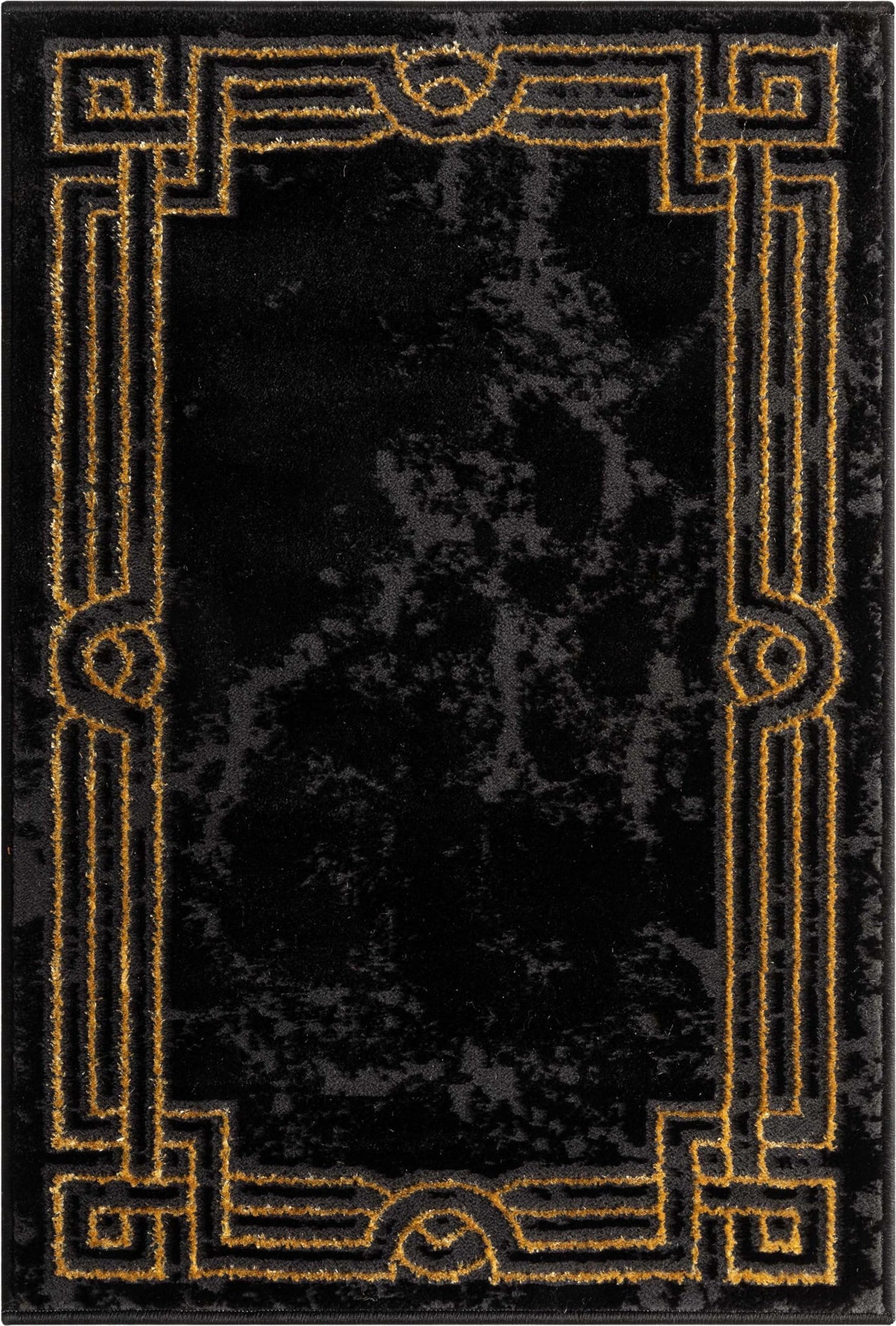 Well Woven Lezlee Abstract Modern 2' x 3' Area Rug Black Gold Marble Border - for Entryway, Office, Accent