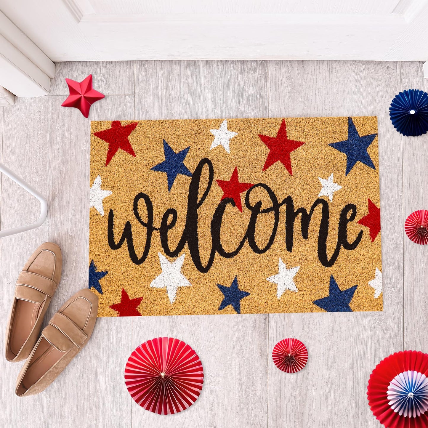 Whaline Patriotic Natural Coir Door Mat 4th of July Red Blue White Star Welcome Doormat Non-Slip Entrance Door Rugs for 250th Anniversary Independence Day Home Decor, 16.5 x 29 Inch