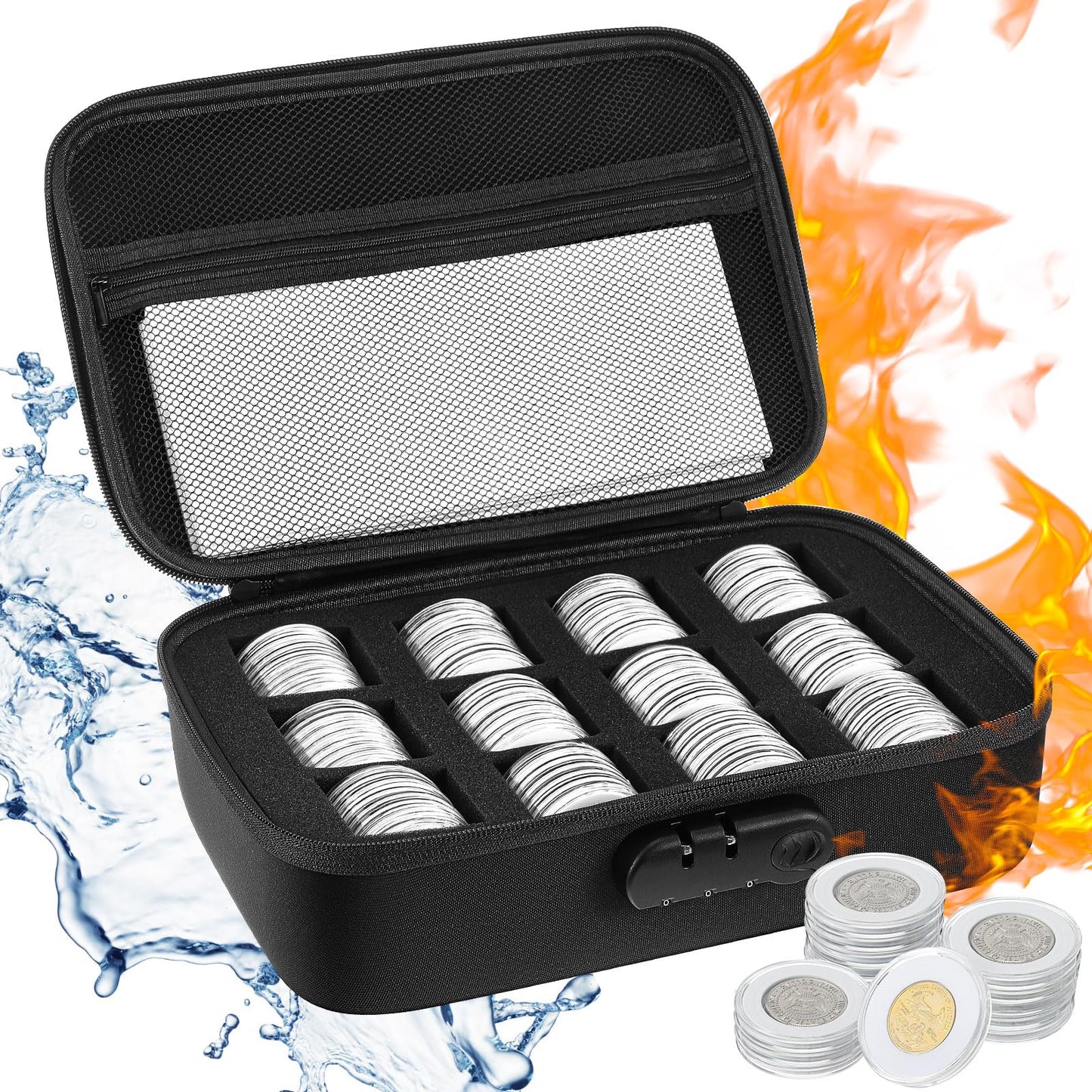 Affrolling Fireproof and Waterproof Coin Storage Box 96 Pcs 46 mm Coin Holder for Collectors Capsule Case with Lock with 196 Pcs 10 Size Gaskets for Dime Cent Nickel Quarter Silver Dollar(Black)