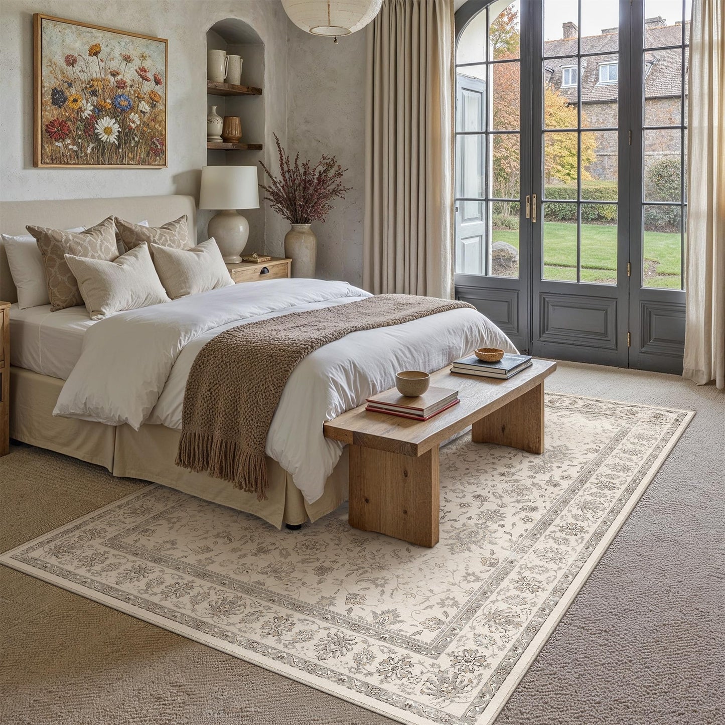 PureCozy 5x7 Area Rug Beige Washable Vintage Carpet Living Room Bedroom Non Slip Stain Soft Resistant Low Pile Thin Boho Accent Indoor Throw Rug for Dining Room Office