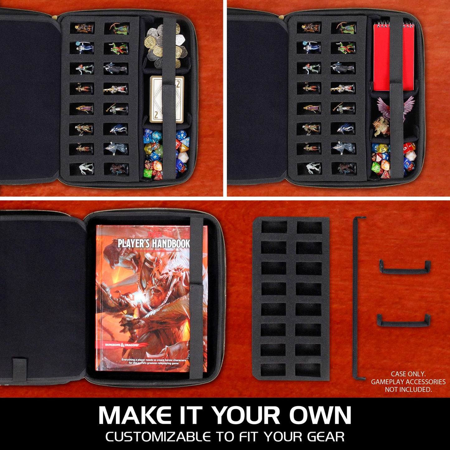 ENHANCE RPG Organizer Case - DND Binder with Built-in Character Sheet Holder and Erasable Scribe Panel, Dice Rolling Area, Removable Pen Pouch, Miniature Foam Tray, Wrist Strap, and More (Black)