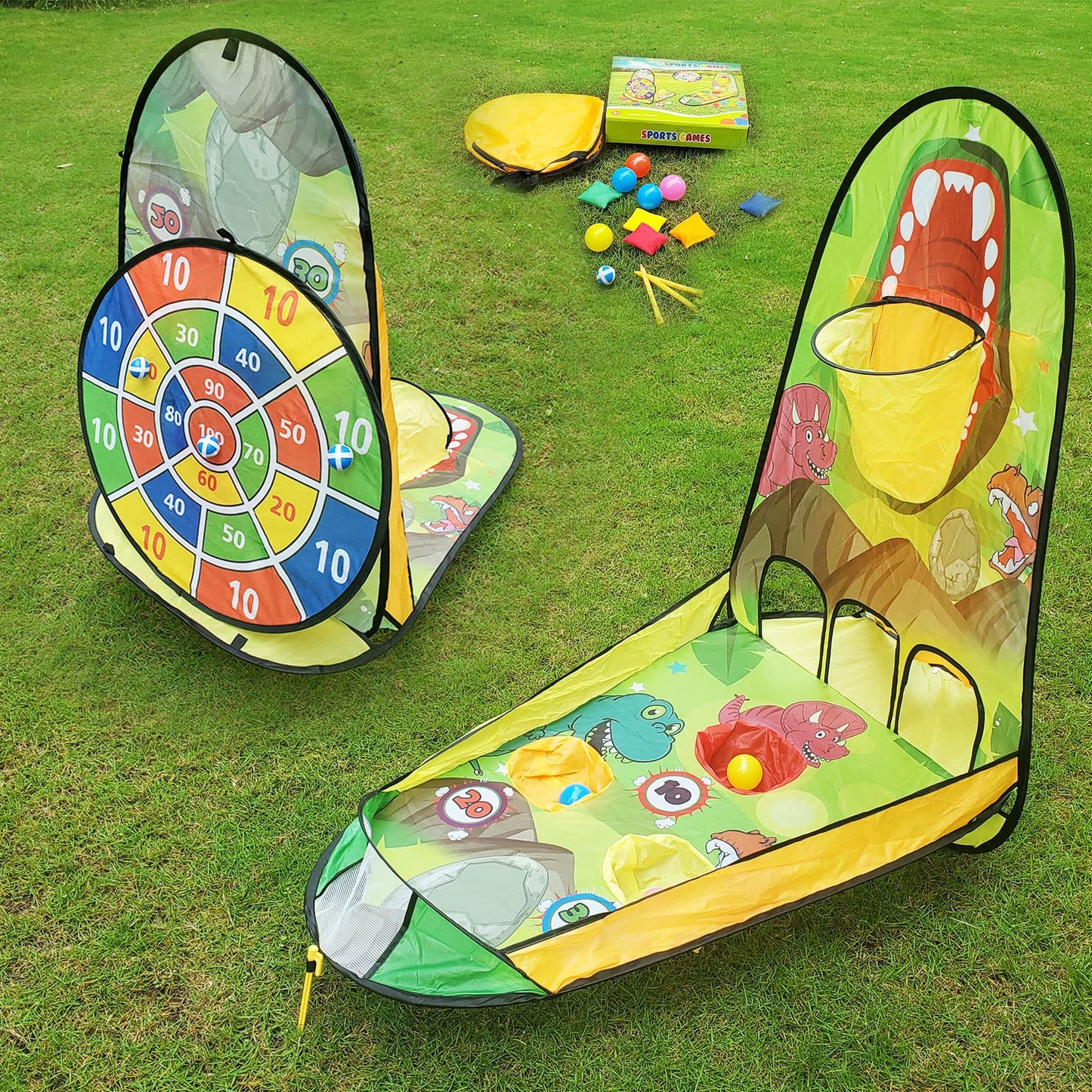 unanscre 3 in 1 Bean Bag Toss Game Toy Outdoor for Kids, Dinosaur Foldable Cornhole Board with Pop Up Basketball Game and Dartboard Set, Gift for Birthday/Xmas Party, Outside Toys for Toddlers Age 3+