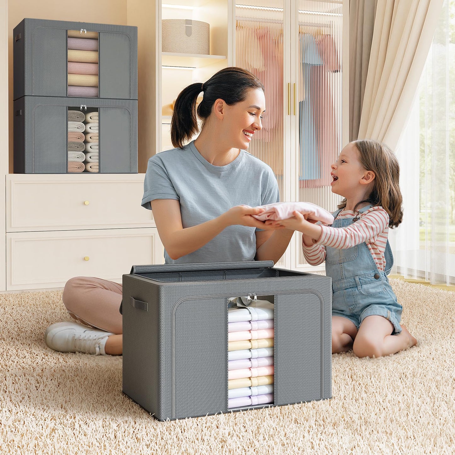 LeArex Clothes Storage Bins with Metal Frame, Foldable Clothes Organizers Storage Containers for Clothes, Sheets, Blankets, Pillows and Towels (100L, 3 Pack, Deep Grey)