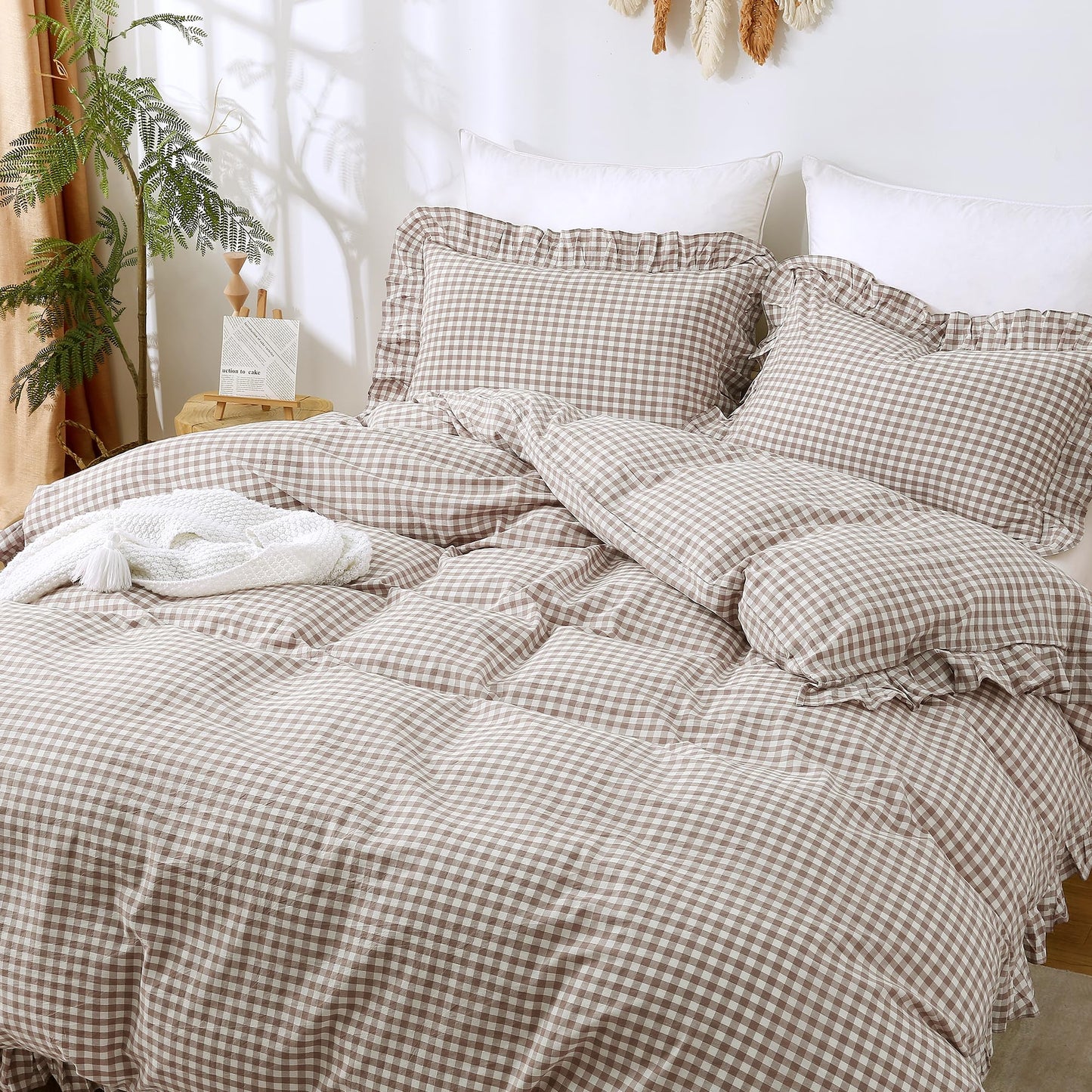 ATsense Tan Gingham Duvet Cover Bedding Set 100% Washed Cotton Like Linen Feel Soft Breathable 3 Pcs Brown Plaid Checkered Cute Ruffle Comforter Cover Set (Queen 90"x90", No Comforter)