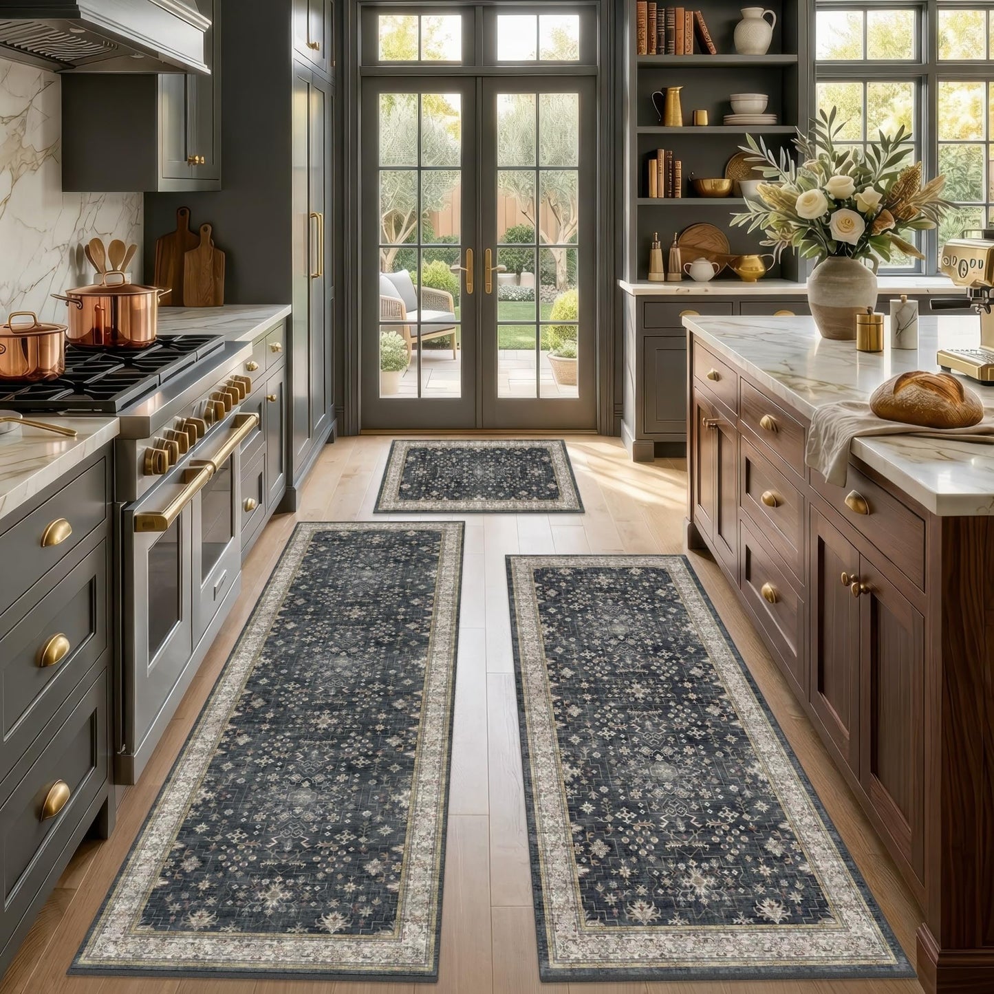 Black Boho Kitchen Rugs Set of 3, Non-Slip Machine Washable Kitchen Floor Mats, Low-Pile Runner Rug for Sink, Entryway, Bathroom, Laundry Room, Bedroom, Vintage Farmhouse Design