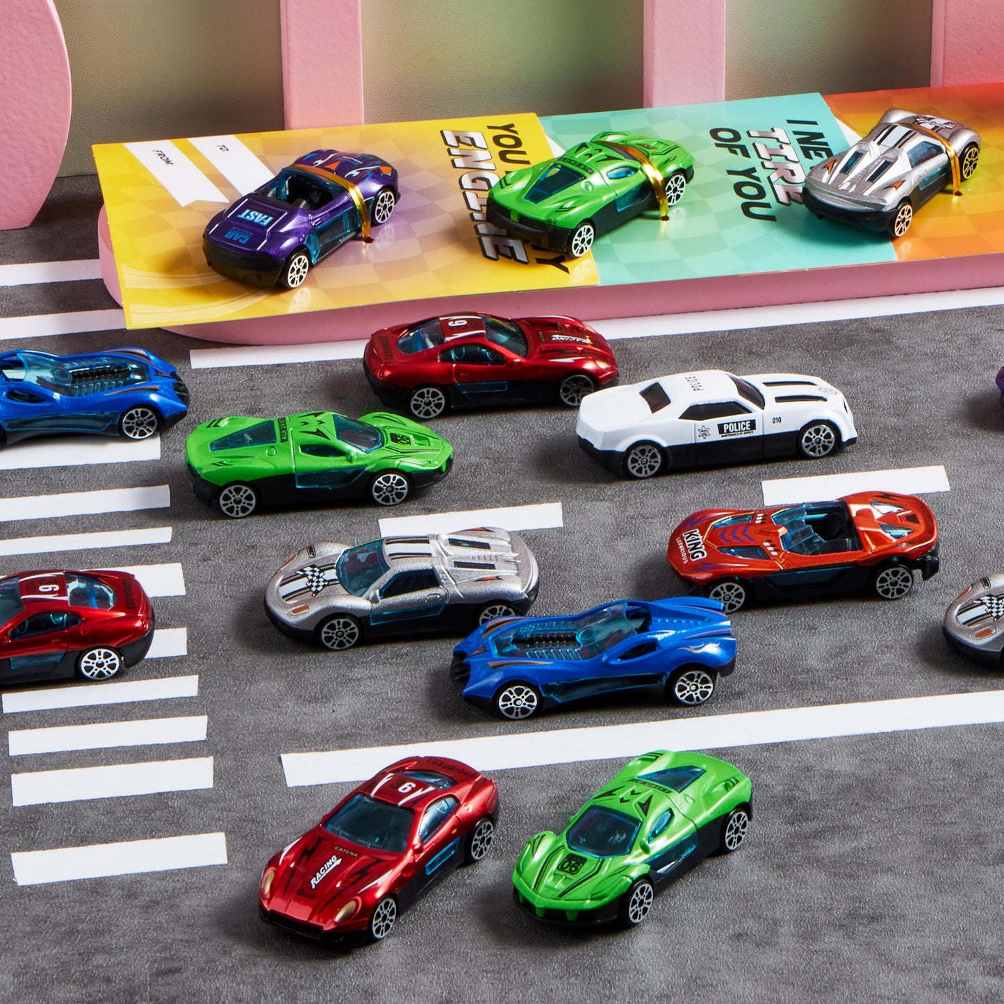 JOYIN 28 Valentines Day Cards with Die-Cast Racing Cars for School Classroom Exchange