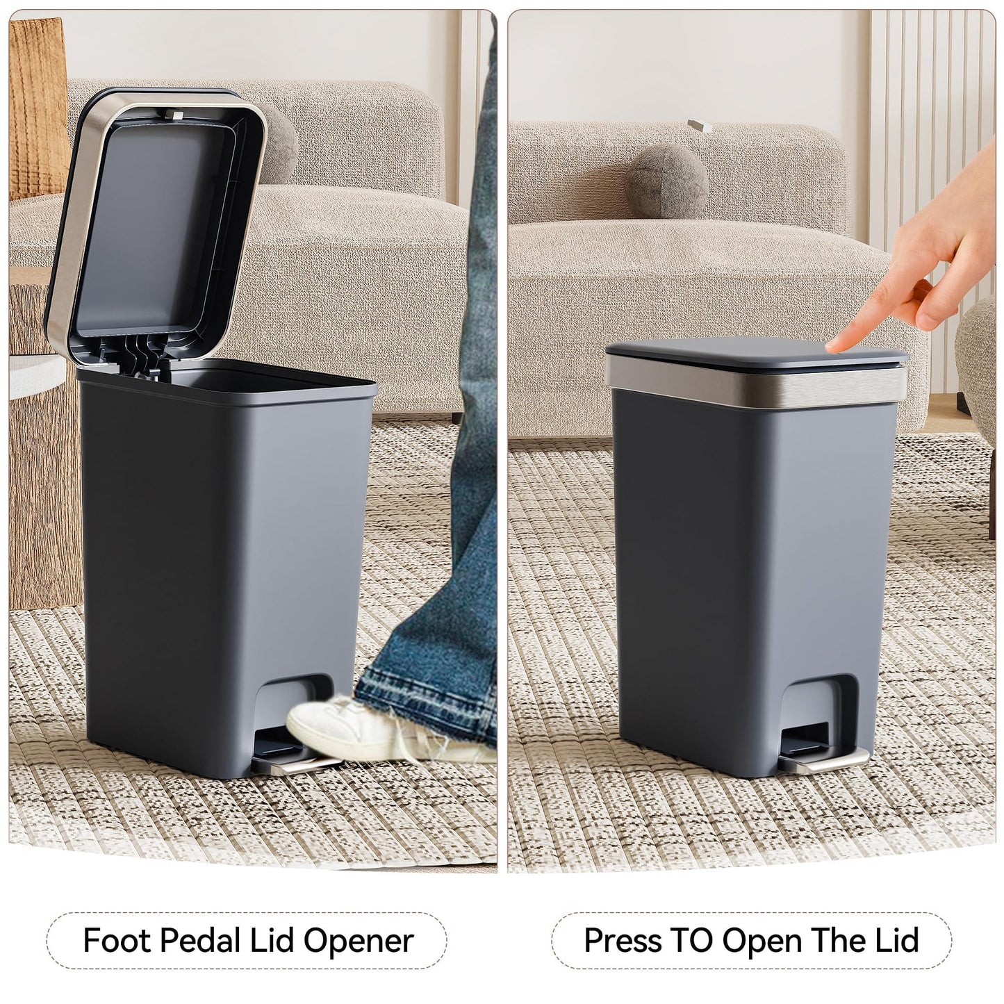 onlcuk 2Pack Small Bathroom Trash Can with Lid Soft Close, 10 Liter/2.6 Gallon Slim Garbage Can-Metal Step and Press top Lid, Mini Modern Waste Basket for Toilet, Office, Bedroom,Dorm,Dark Gray
