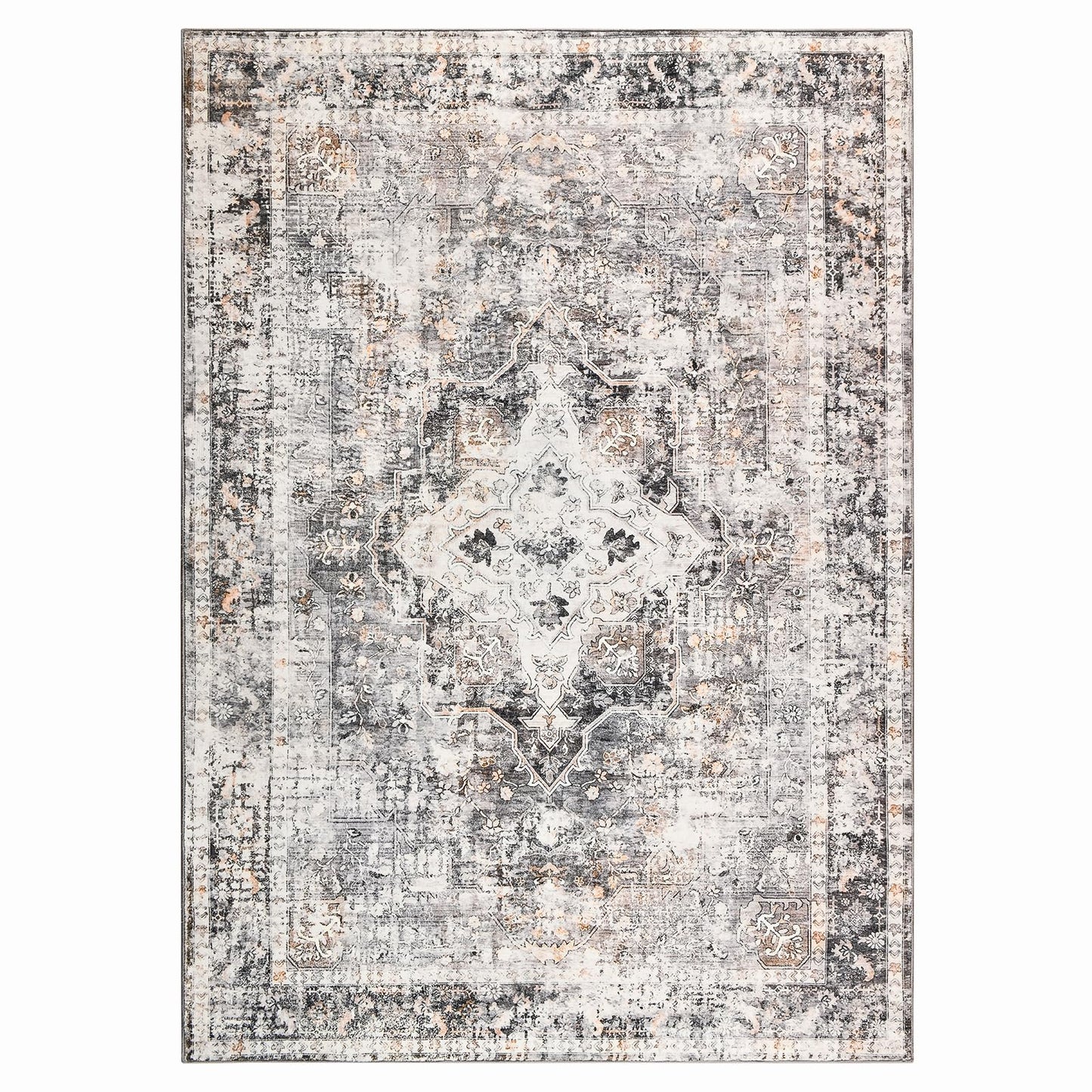 YOH Boho Washable Rug 5x7, Charcoal Gray Vintage Non Slip Area Rug, Distressed Indoor Carpet for Living Room Bedroom Kitchen Office