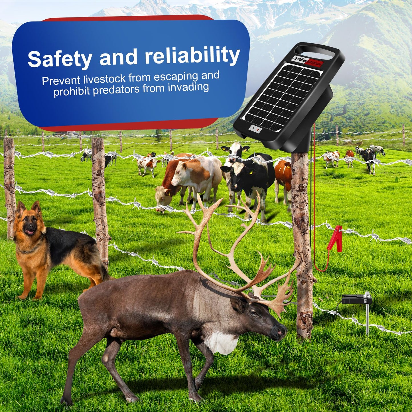 20 Miles Solar Electric Fence Charger,Output 0.32J Electric Fence Charger,24-Hour Uninterrupted Protection Solar Fence Charger,Solar Fence Energizerr That can Work for 14 Days Without Sunlight